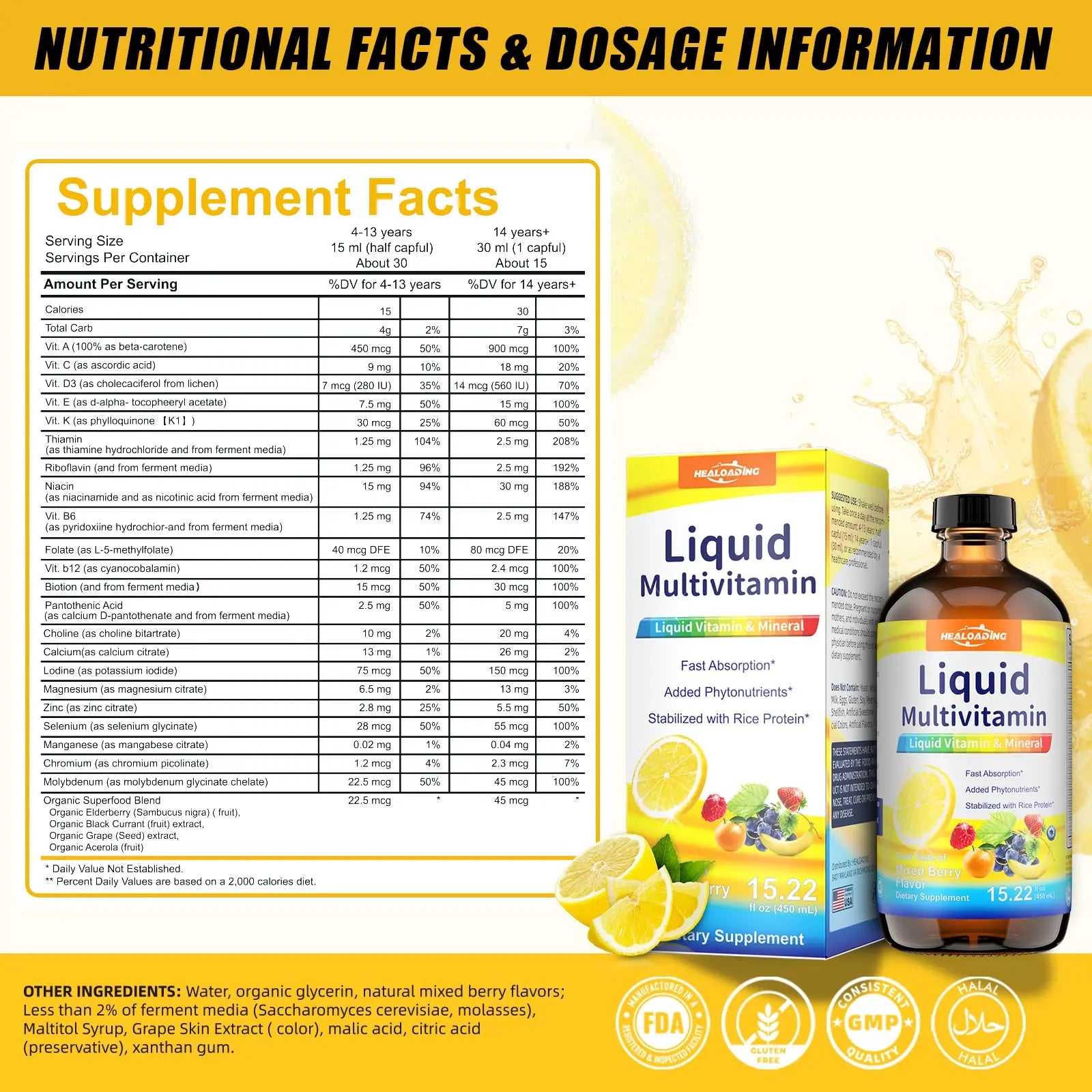 HEALOADING Nutritious Liquid Multivitamin for Women：Liquid Multi Vitamin with Amino Acids Zinc Selenium Mixed Fruit Flavor HEALOADING uk supplements