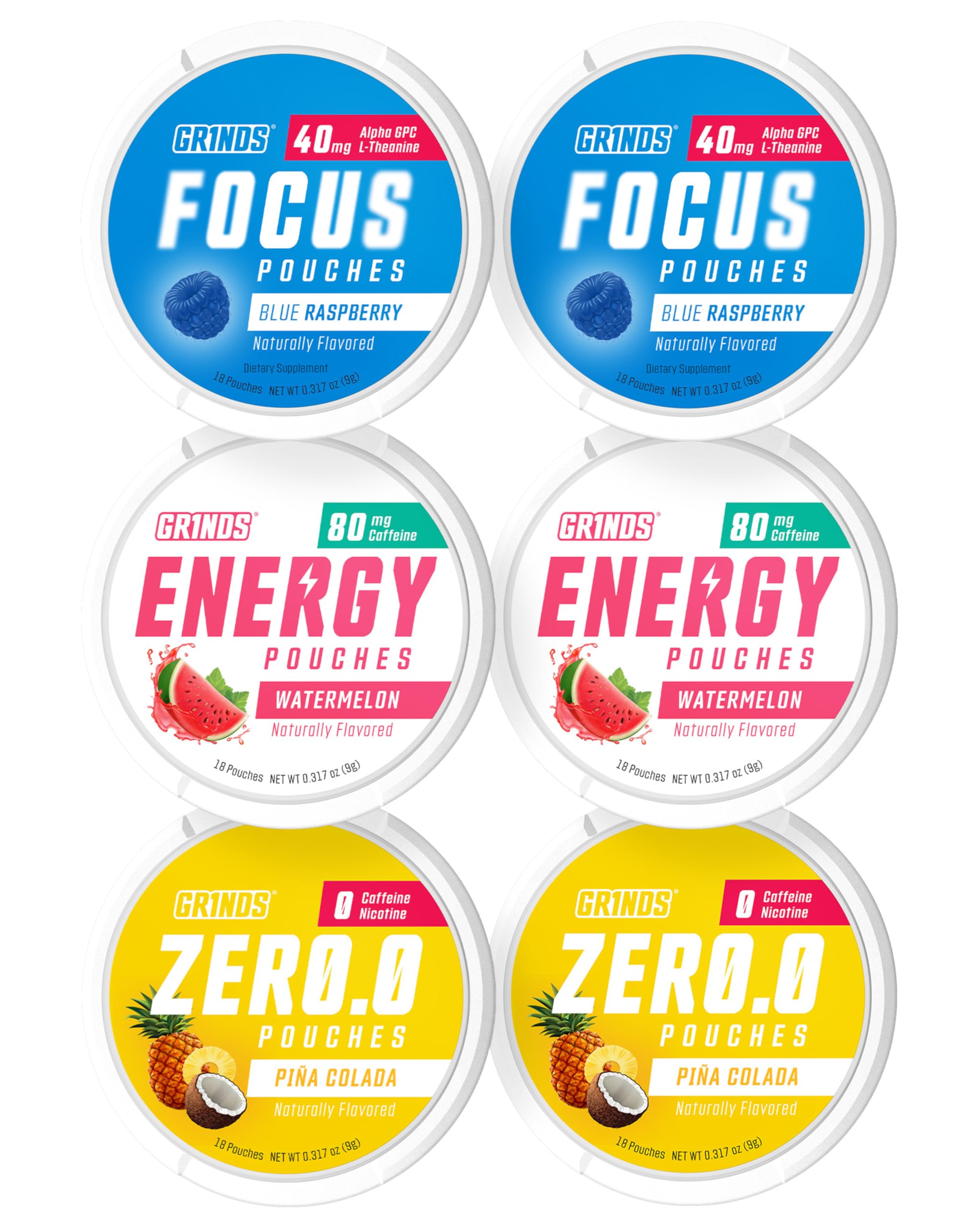 GRINDS Pouches Performance Sampler Pack - Includes Watermelon Energy, Caffeine-Free Piña Colada and Blue Raspberry Nootropic Pouches - Sugar-Free - Zero Calories GRINDS uk supplements