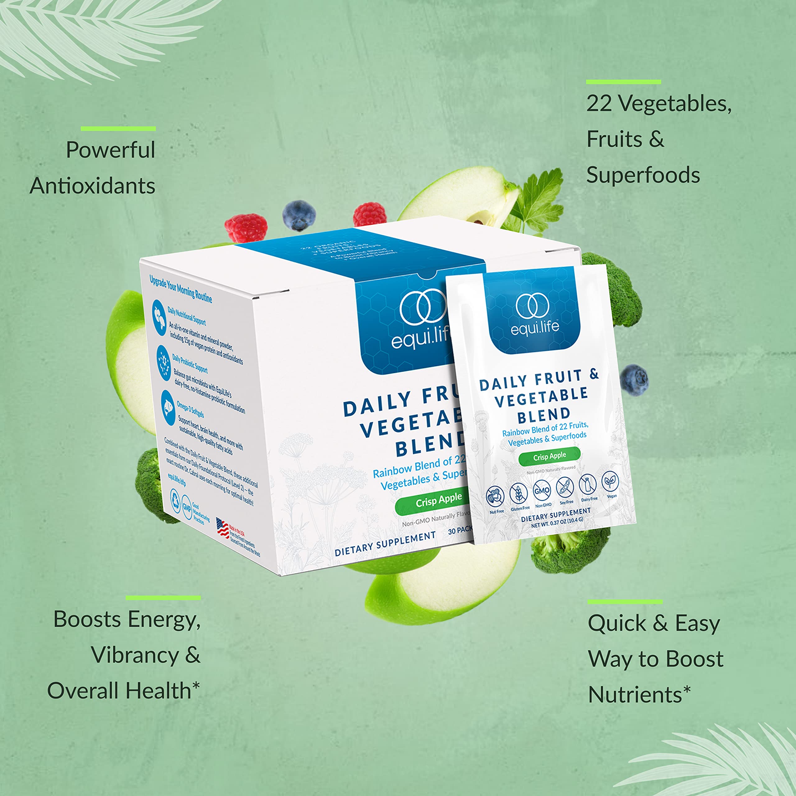 Equilife Daily Fruit & Vegetable Blend, Superfood Antioxidant Supplement, Crisp Apple Flavor with Vitamin C, Fiber, and 9 Essential Amino Acids, Supports Energy, Vegan, 14 Single Serve Packets Equilife uk supplements