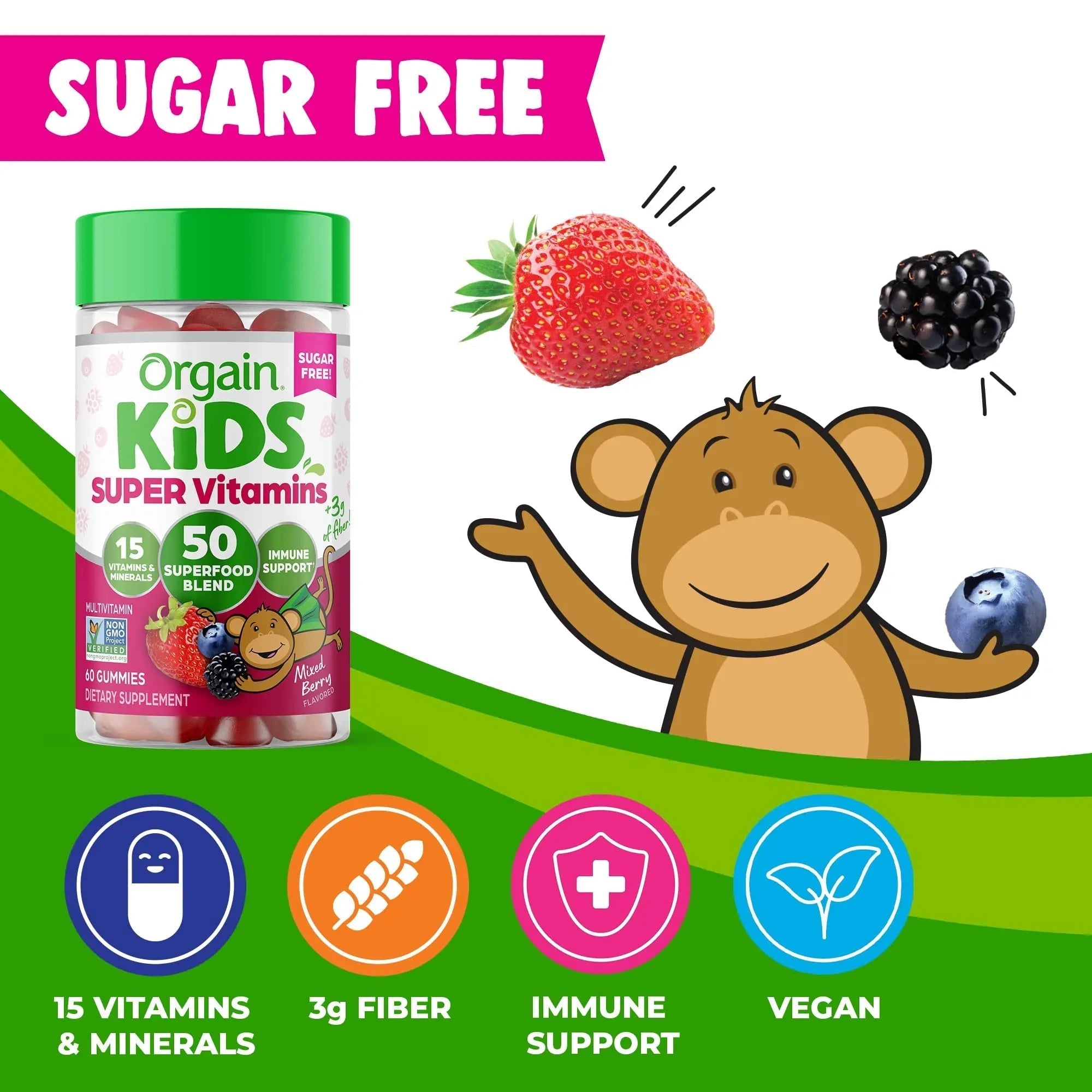 Orgain Kids Sugar Free Multivitamin Gummies, Vegan & Plant Based, 50 Superfoods, 15 Vitamins and Minerals, Immune Support and 3g of Fiber Orgain uk supplements