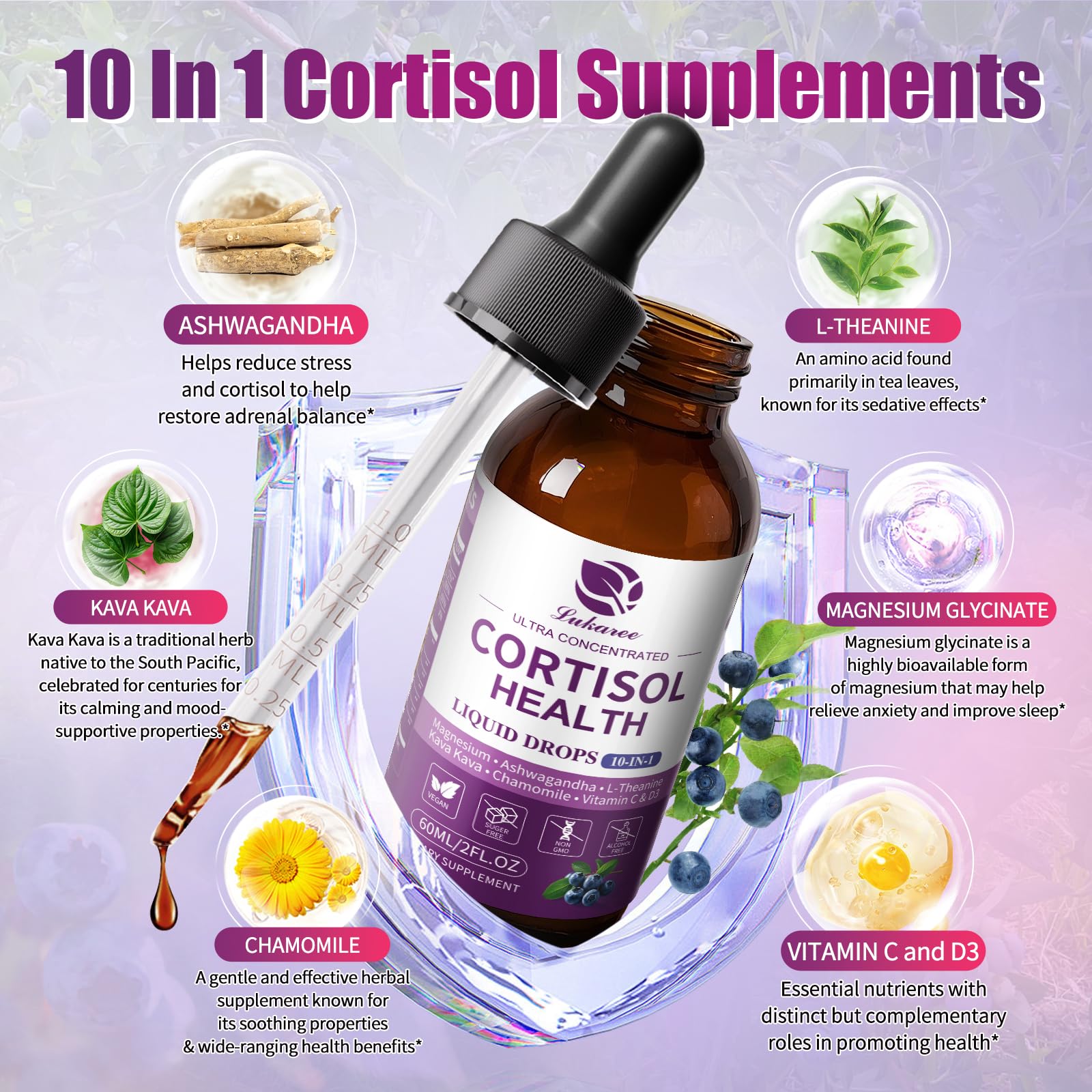Lukaree Cortisol Supplements for Women, 10 in 1 Cortisol Reducer Detox with Ashwagandha, L-theanine, Kava Kava, Magnesium, Lower Cortisol, Mood, Focus, Sleep Support - 2 FL.OZ, Blueberry Flavor Lukaree uk supplements