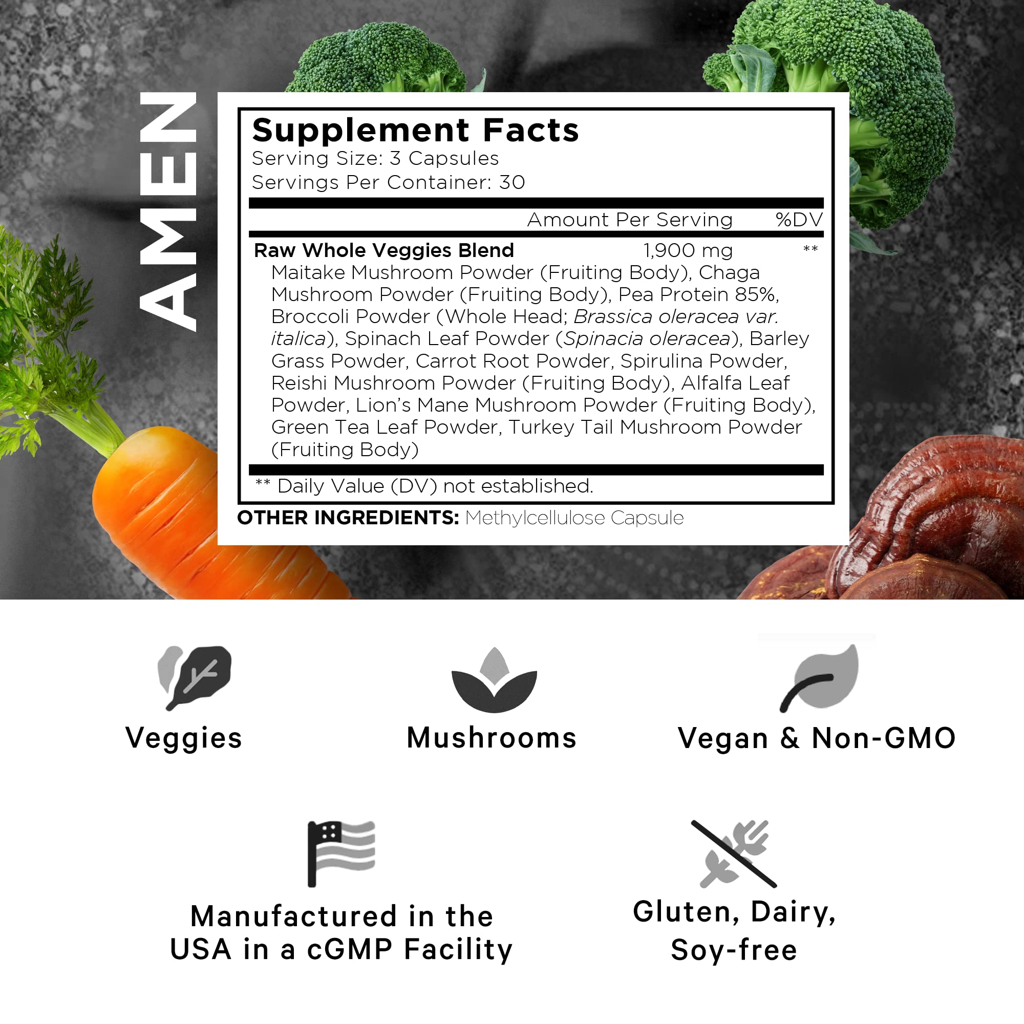 Amen Veggies, Daily Veggies Vitamins Supplement, Vegetables Vegan Blend & Whole-Food Raw Greens Multivitamin Capsules, Mushroom Complex, Superfood, Minerals, Green Vegetable Nutrients, Non-GMO, 90 ct Amen uk supplements