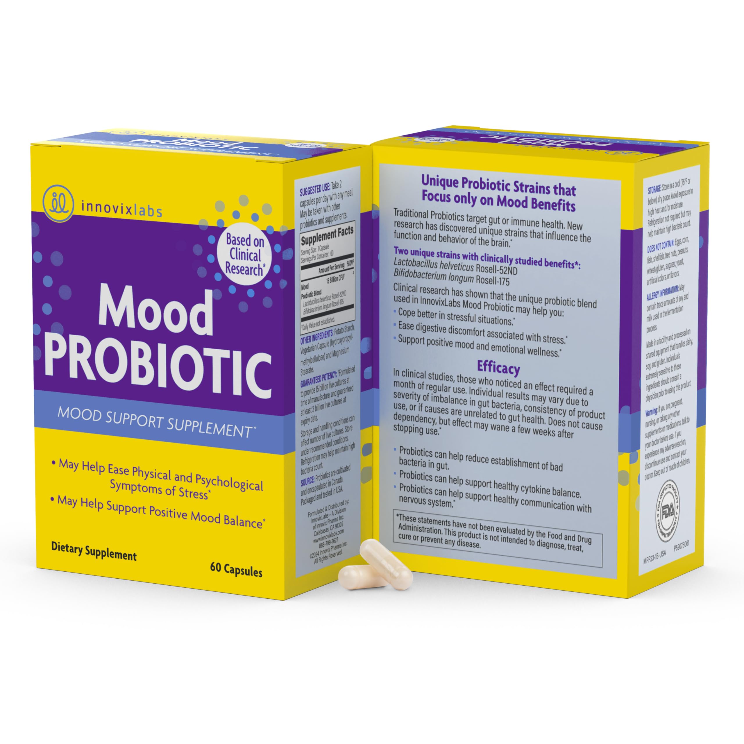 InnovixLabs Mood Probiotic for Women & Men, Clinically Studied Digestive & Mood Support Supplement, Lactobacillus helveticus Rosell-52ND & Bifidobacterium longum Rosell-175, 60 Capsules InnovixLabs uk supplements