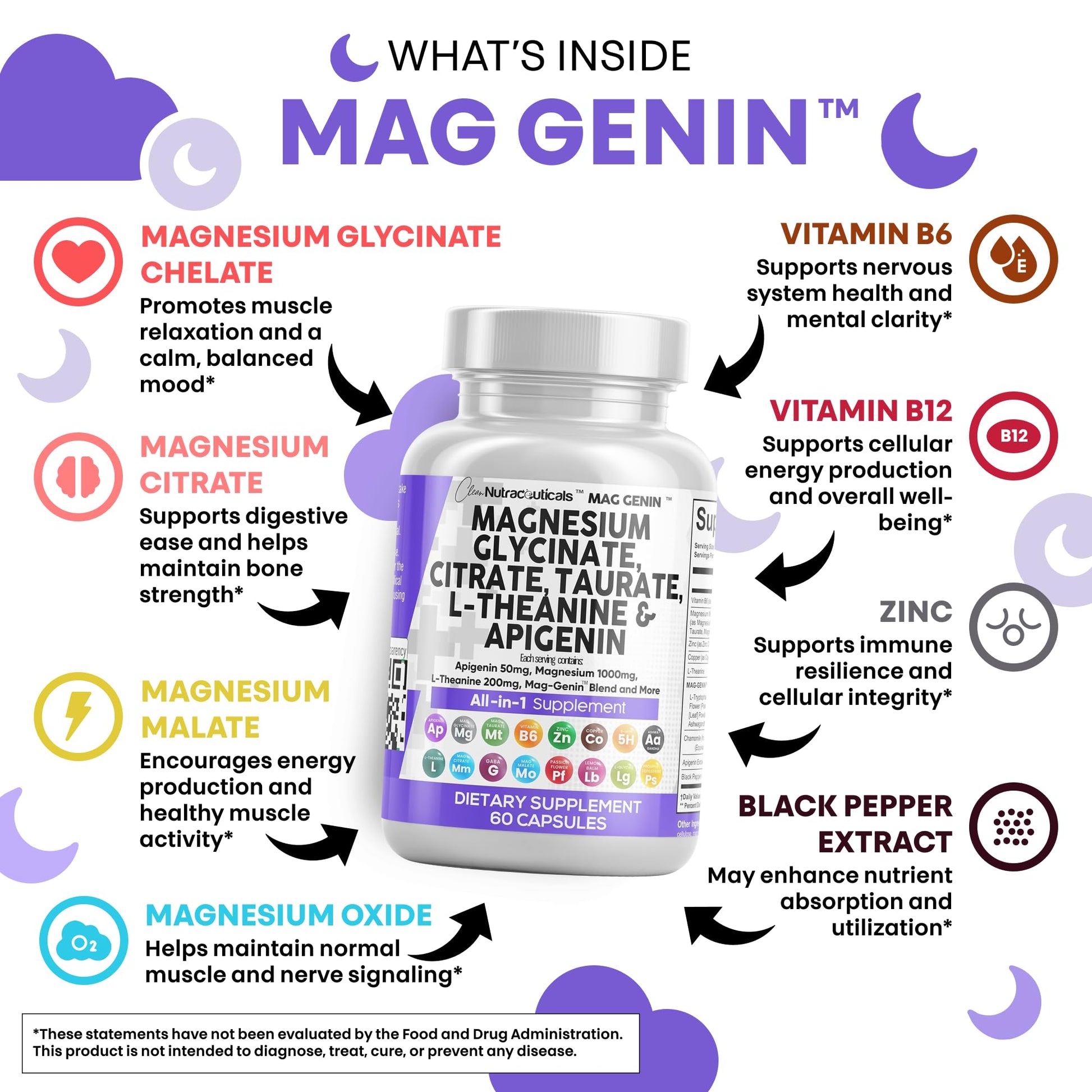 Clean Nutraceuticals Magnesium Glycinate Complex 1000mg with L-Theanine 200mg Apigenin 50mg Citrate Taurate Supplement - 5-HTP GABA Passion Flower Lemon Balm L-Glycine Phosphatidylserine - 60 Count Clean Nutraceuticals uk supplements