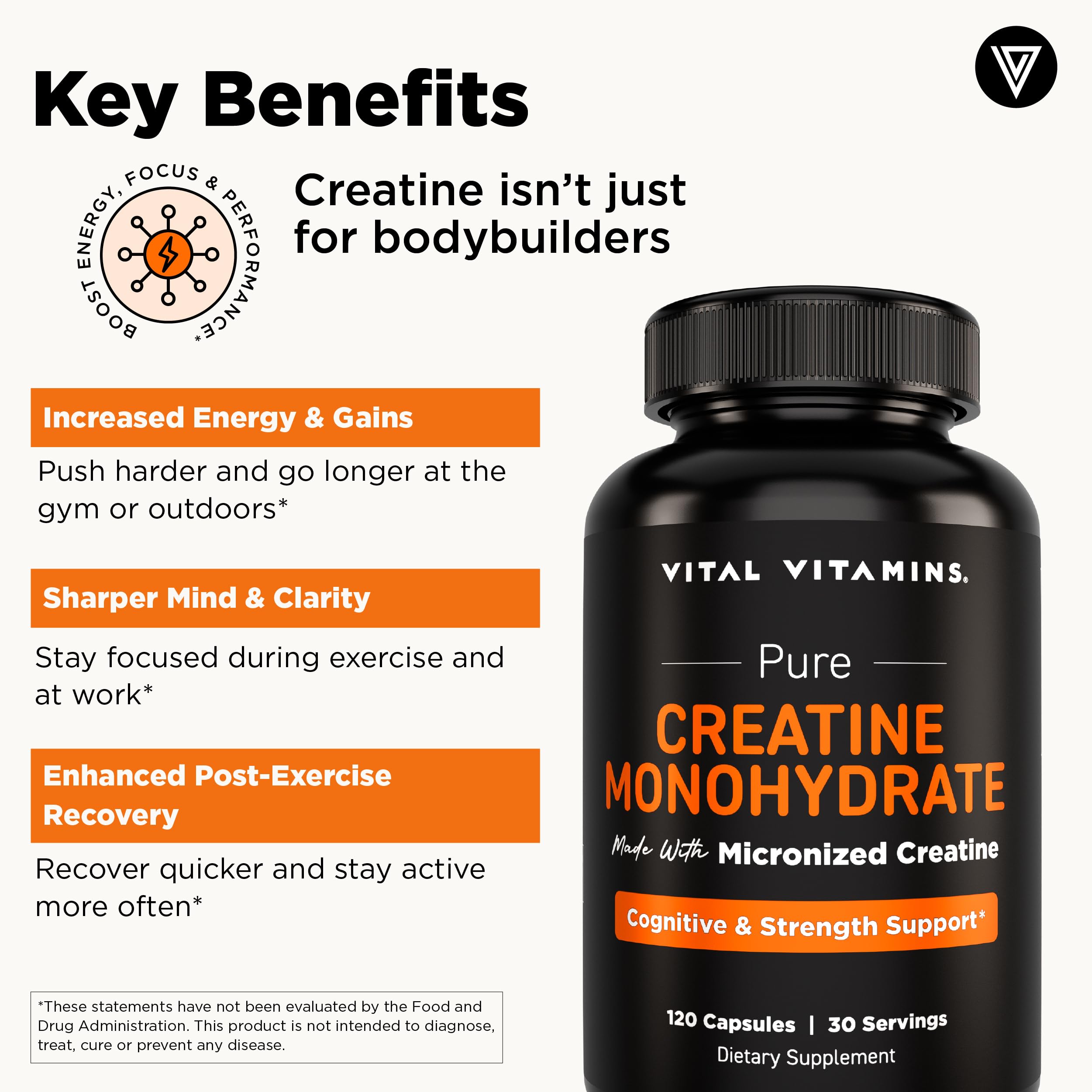 Vital Vitamins Creatine Monohydrate Pills for Women & Men - Micronized Creatine Capsules - Cognitive, Strength, Recovery Support - 3g (3000mg) per Serving - Vegan, Non-GMO, 120 Count Vital Vitamins uk supplements