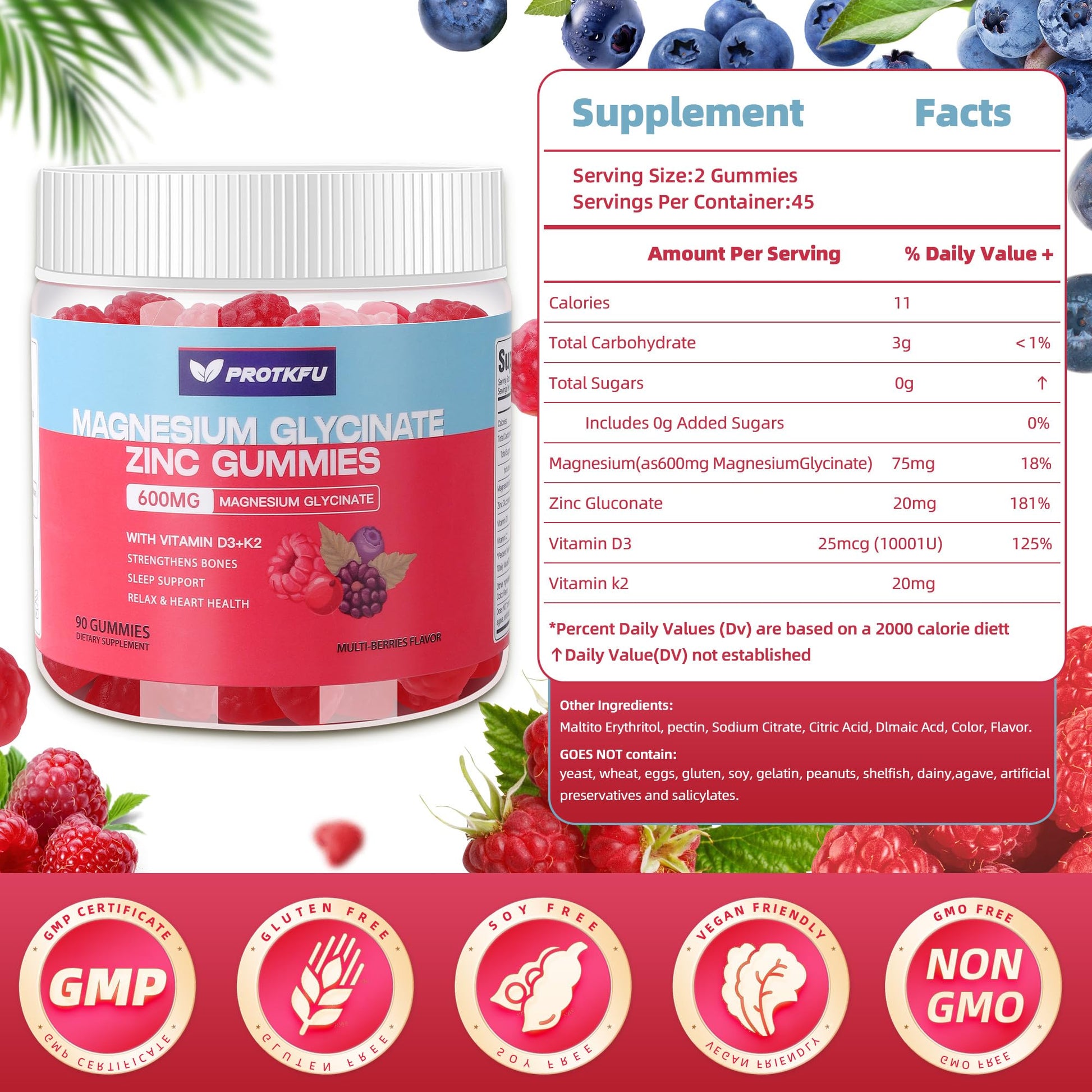 90 CT Magnesium Glycinate Gummies 600mg, Sugar Free Magnesium Gummies w/Zinc & Vitamin D3 & K2 - Magnesium Supplements for Sleep, Supports Bone Health, Nerve & Immune Function ProTKFU uk supplements