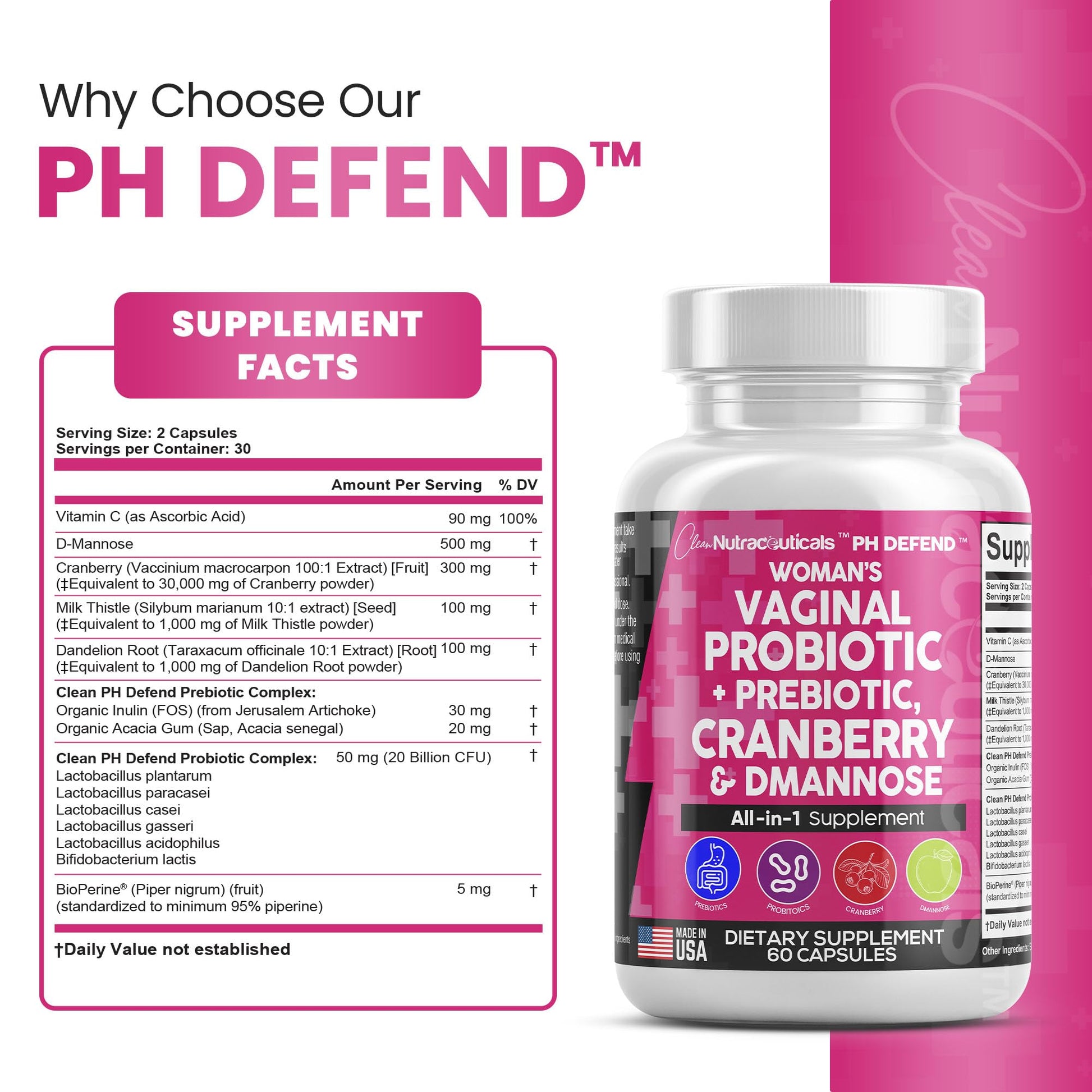 Vaginal Probiotics For Women + Prebiotics 20 Billion Cranberry Pills 30,000mg w/ D-Manno Clean Nutraceuticals uk supplements