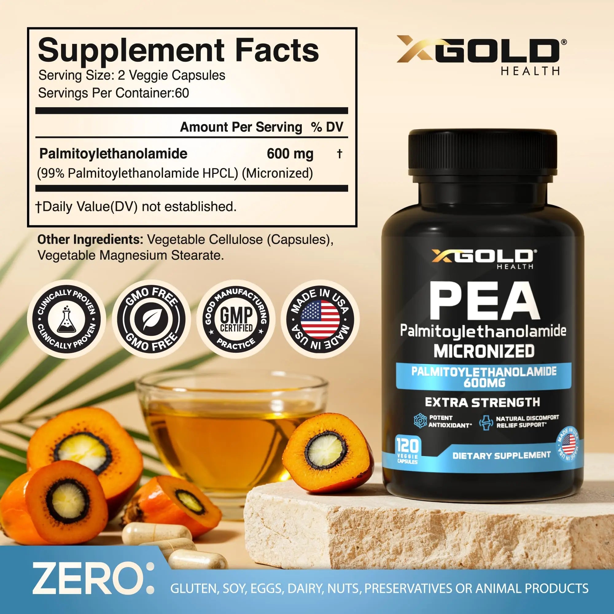 Palmitoylethanolamide Pea Supplement 600 mg | Micronized Pea 99% Highly Purified and Bioavailable | Made in USA | Supplement for Men and Women - 120 Capsules X Gold Health uk supplements