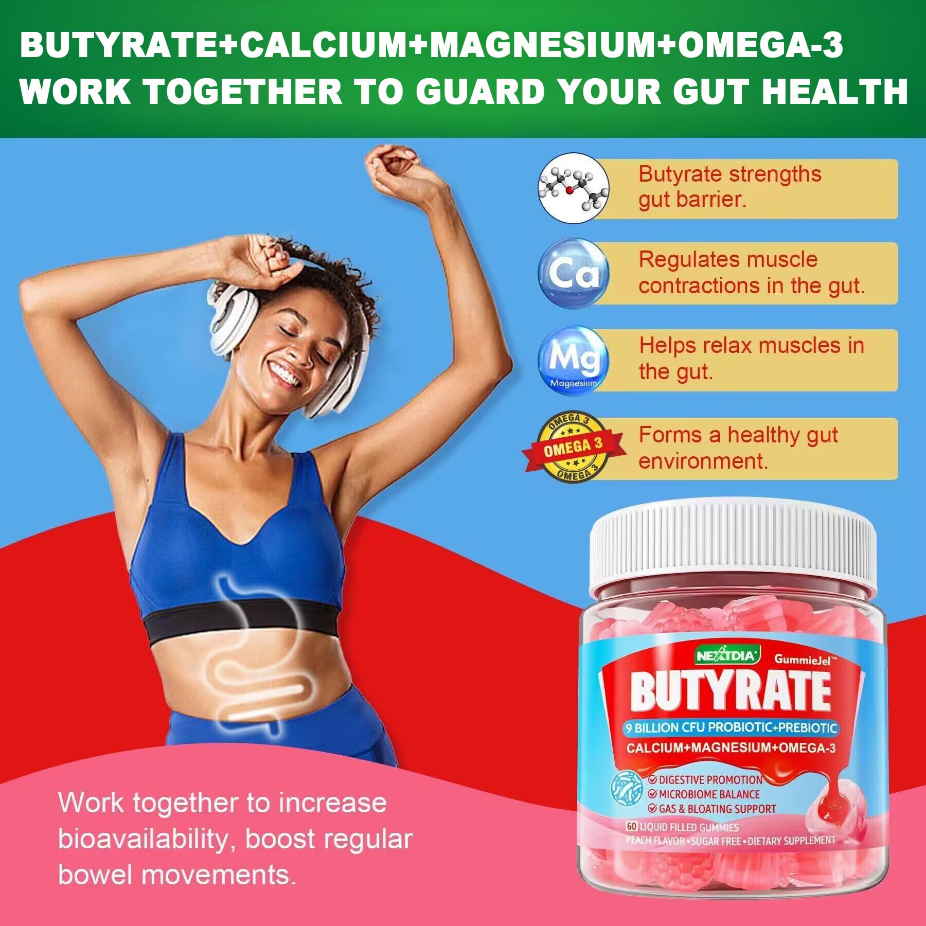 Butyrate Gummies with Probiotic + Prebiotic + Postbiotic, Omega-3 500mg,Fiber with 9 Billion CFU Probiotics, Calcium & Magnesium, Inulin,Psyllium Husk for Digestive Health,Bloating Support,Sugar Free Nextdia uk supplements
