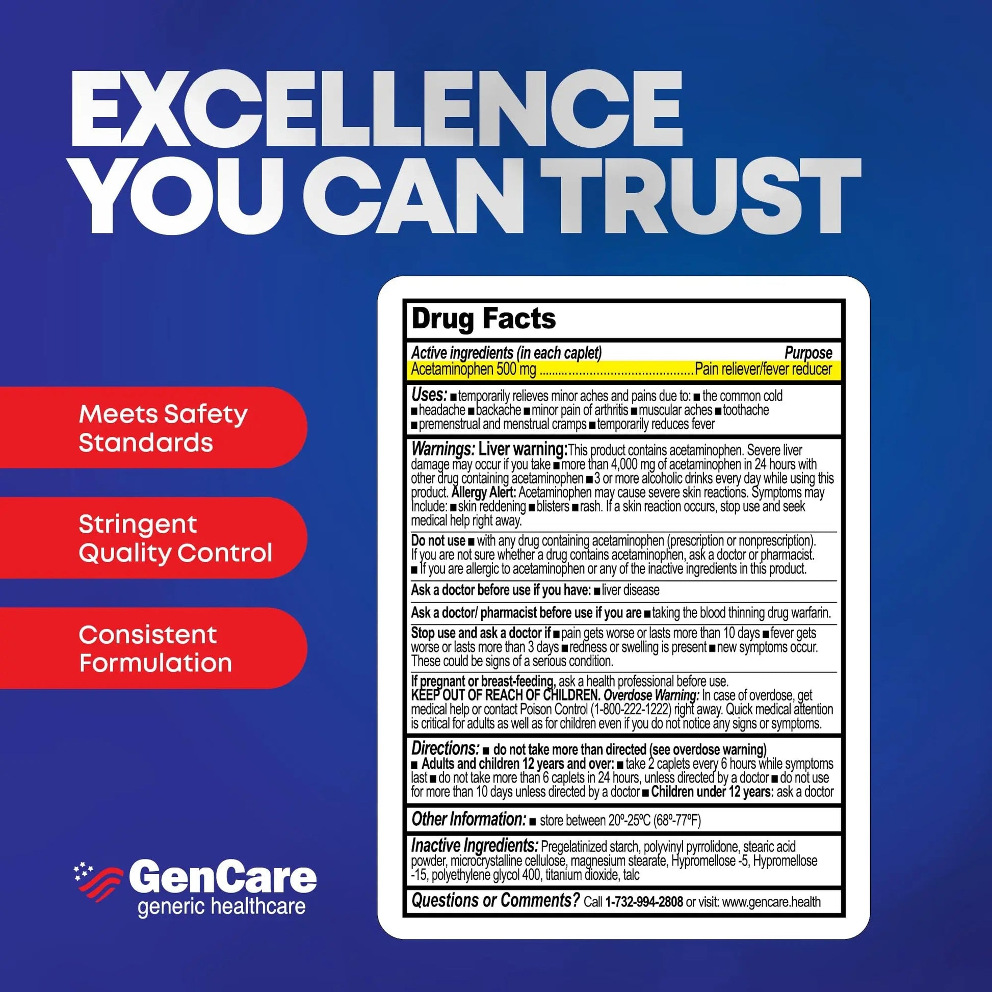 GenCare - Acetaminophen 500mg Extra Strength Pain Relief (300 Caplets) - Multi Symptom Pain Reliever for Headache, Sinus, Arthritis, Back Pain Muscle Ache, Toothache, Fever Reducer, Migraine GenCare uk supplements