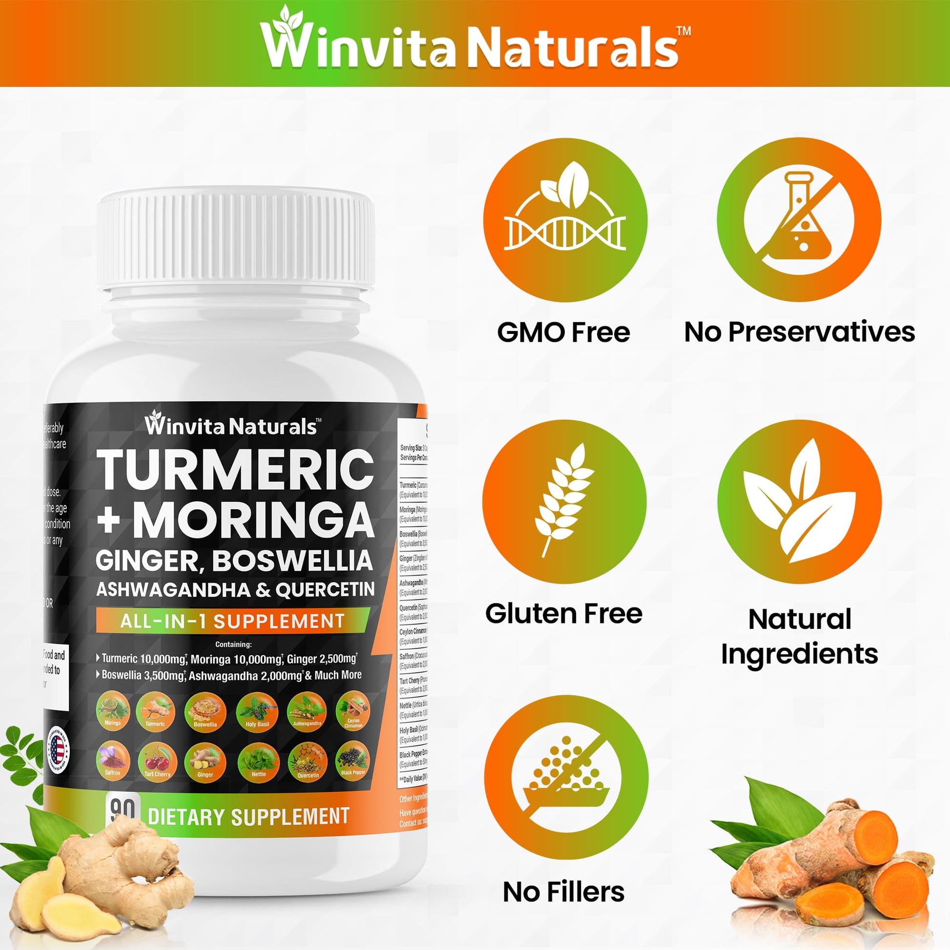 Turmeric Curcumin 10000mg Moringa 10000mg Boswellia 3500mg Ginger 2500mg Winvita Naturals uk supplements