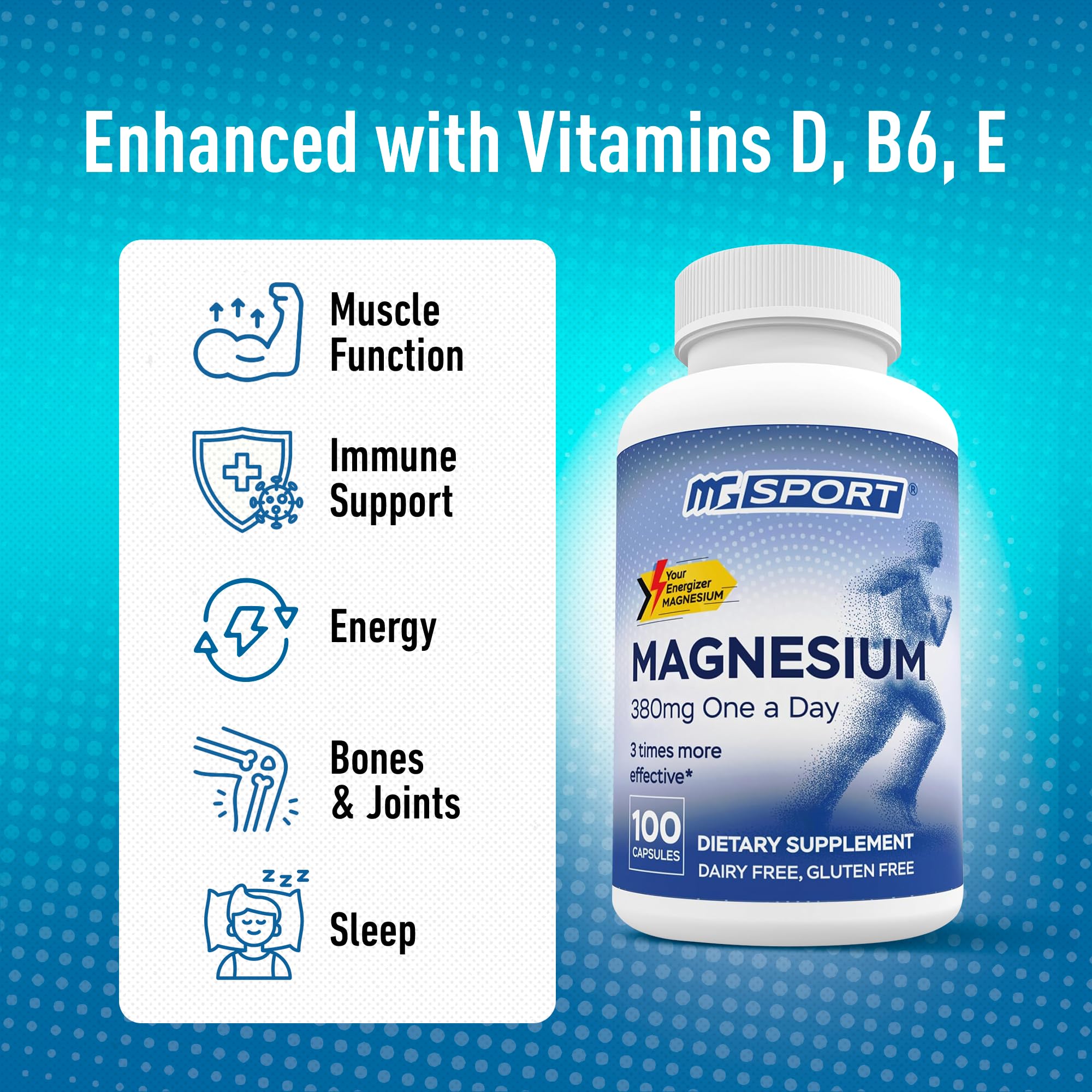 MGSPORT Magnesium Supplement 380mg - High Absorption Magnesium Complex Formula with Vitamins B6, D, E - Supports Muscle Function and Sleep Quality - 100 Servings MgSport uk supplements