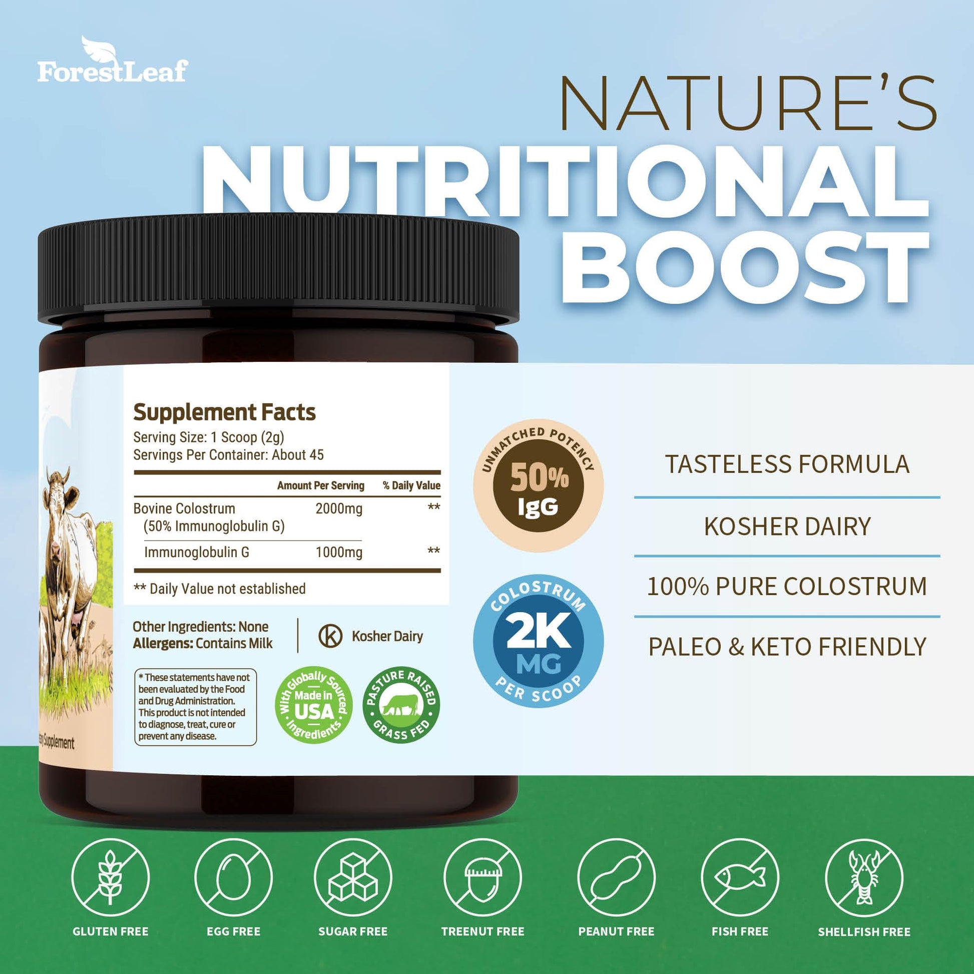 ForestLeaf Colostrum Powder 50% IgG Highest Concentration - Grass Fed Bovine ForestLeaf uk supplements