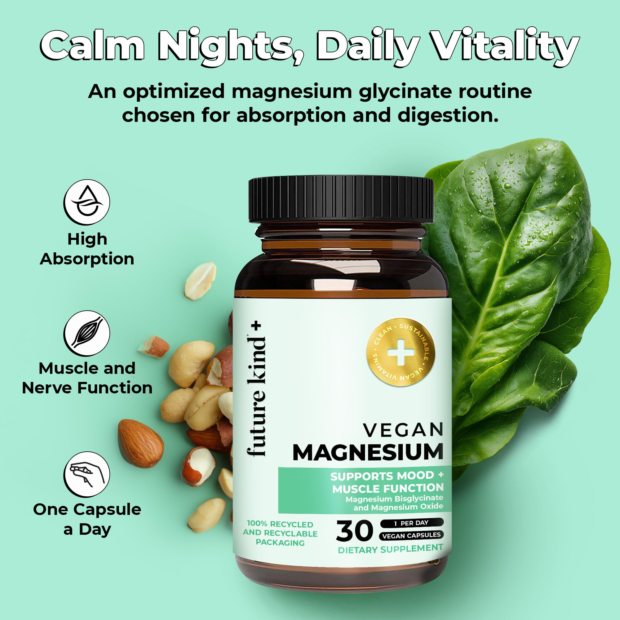 Future Kind Magnesium Glycinate, Supports Muscle and Nerve Function, High Absorption Chelated Magnesium Supplement, Nightly Calm, Energy & Metabolism, Highly Bioavailable & Potent - 30 Vegan Capsules Future Kind uk supplements