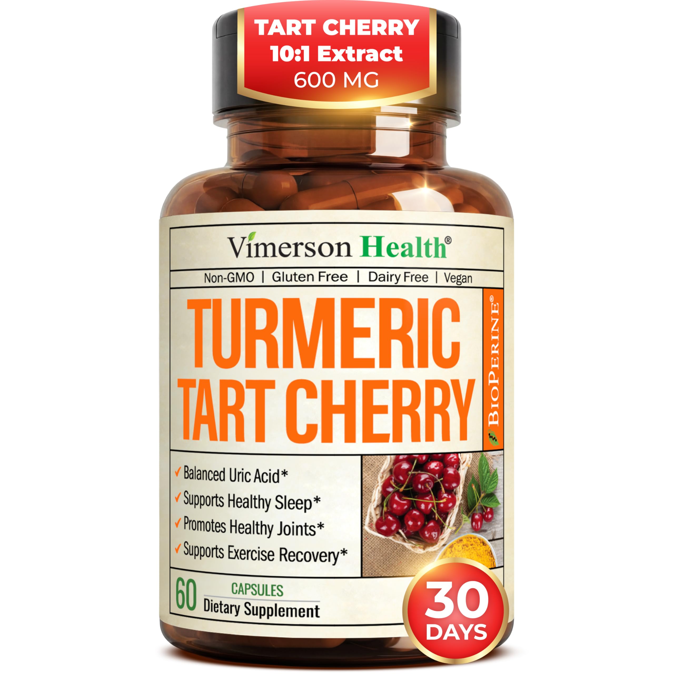 Turmeric Curcumin Supplement with 10:1 Tart Cherry Extract & Celery Seed Extract – Natural Uric Acid Balance, Joint Health & Sleep Aid – Turmeric Curcumin with Black Pepper – 60 Tart Cherry Capsules Vimerson Health uk supplements