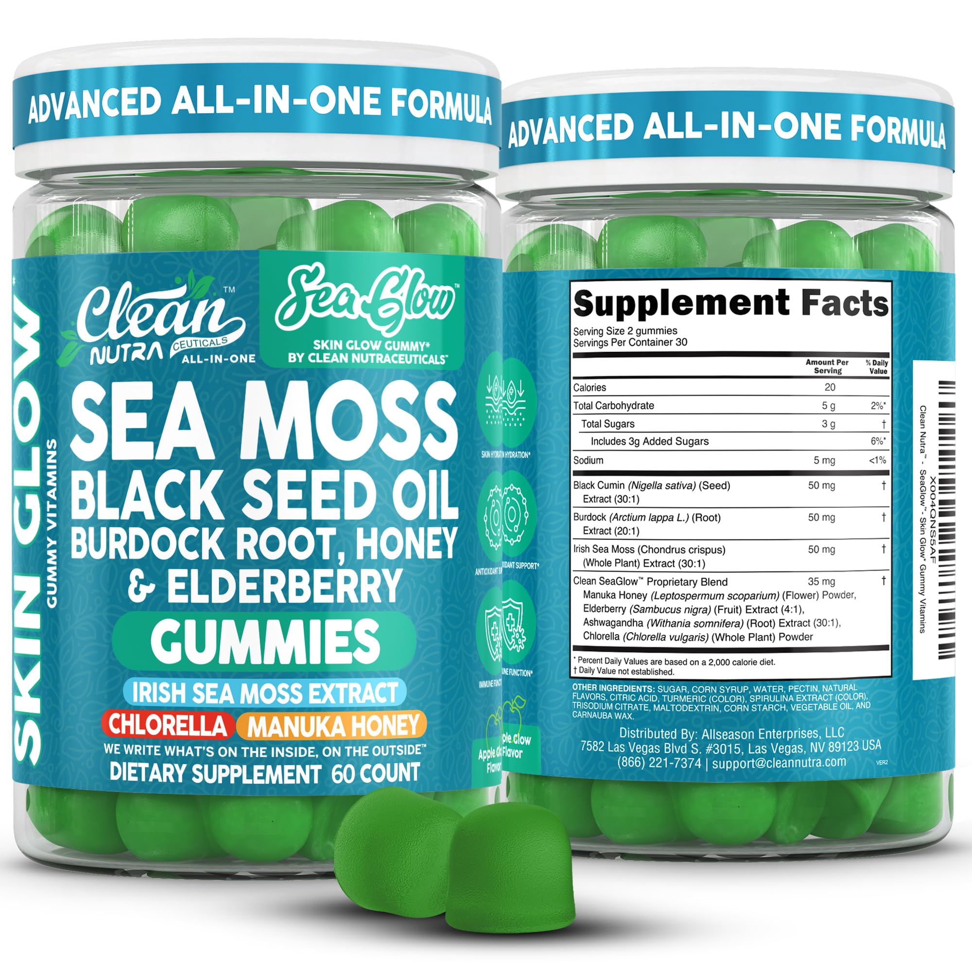 Clean Nutra Sea Moss Gummies Black Seed Oil Chlorella Ashwagandha Root Hair Growth Skin Glow Irish Sea Moss Elderberry Burdock Manuka Honey Trace Minerals Detox 60 Gummy Vitamins Sea Glow Supplement Clean Nutraceuticals uk supplements