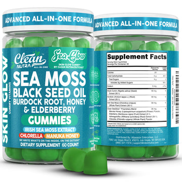 Clean Nutra Sea Moss Gummies Black Seed Oil Chlorella Ashwagandha Root Hair Growth Skin Glow Irish Sea Moss Elderberry Burdock Manuka Honey Trace Minerals Detox 60 Gummy Vitamins Sea Glow Supplement Clean Nutraceuticals uk supplements