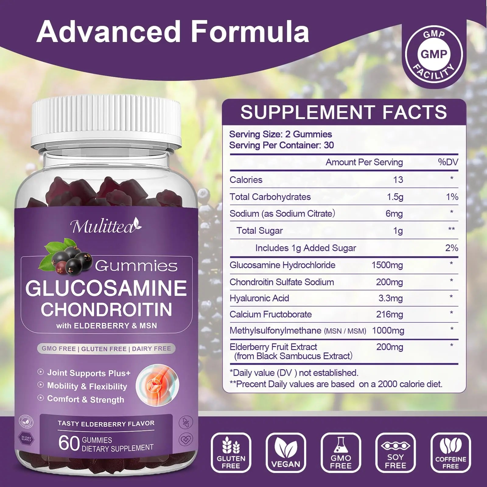 Mulittea Glucosamine Chondroitin Gummies - Extra Strength Joint Support Supplement with MSM & Elderberry for Natural Joint, Antioxidant Immune Support for Adults, Men & Women-(2 Pack) Mulittea uk supplements