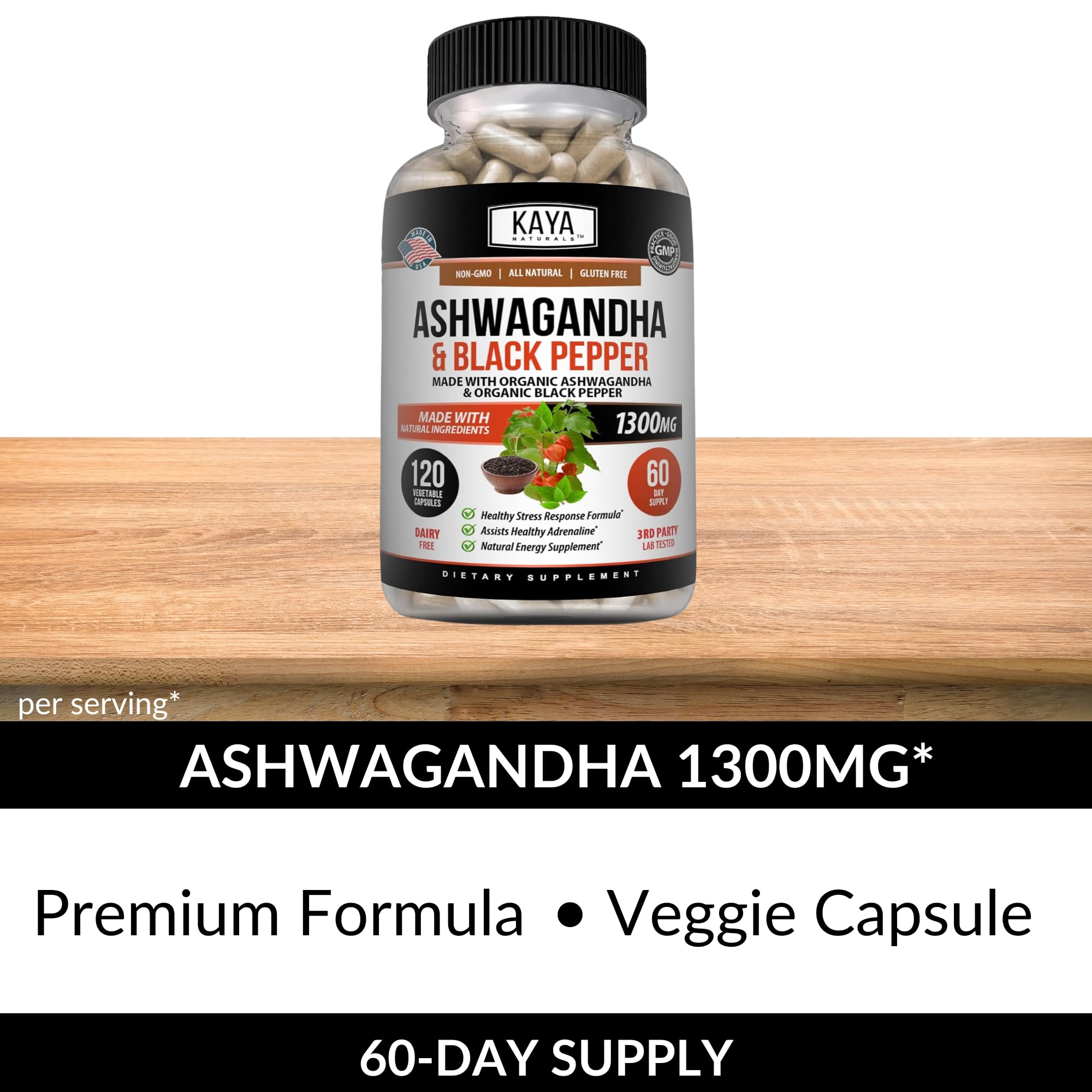 Kaya Naturals Ashwagandha 1300mg, 120 Count Capsules for Stress Relief, Adrenal, Mood & Thyroid Support, Black Pepper and 100% Pure Ashwagandha -120 Capsules Kaya Naturals uk supplements