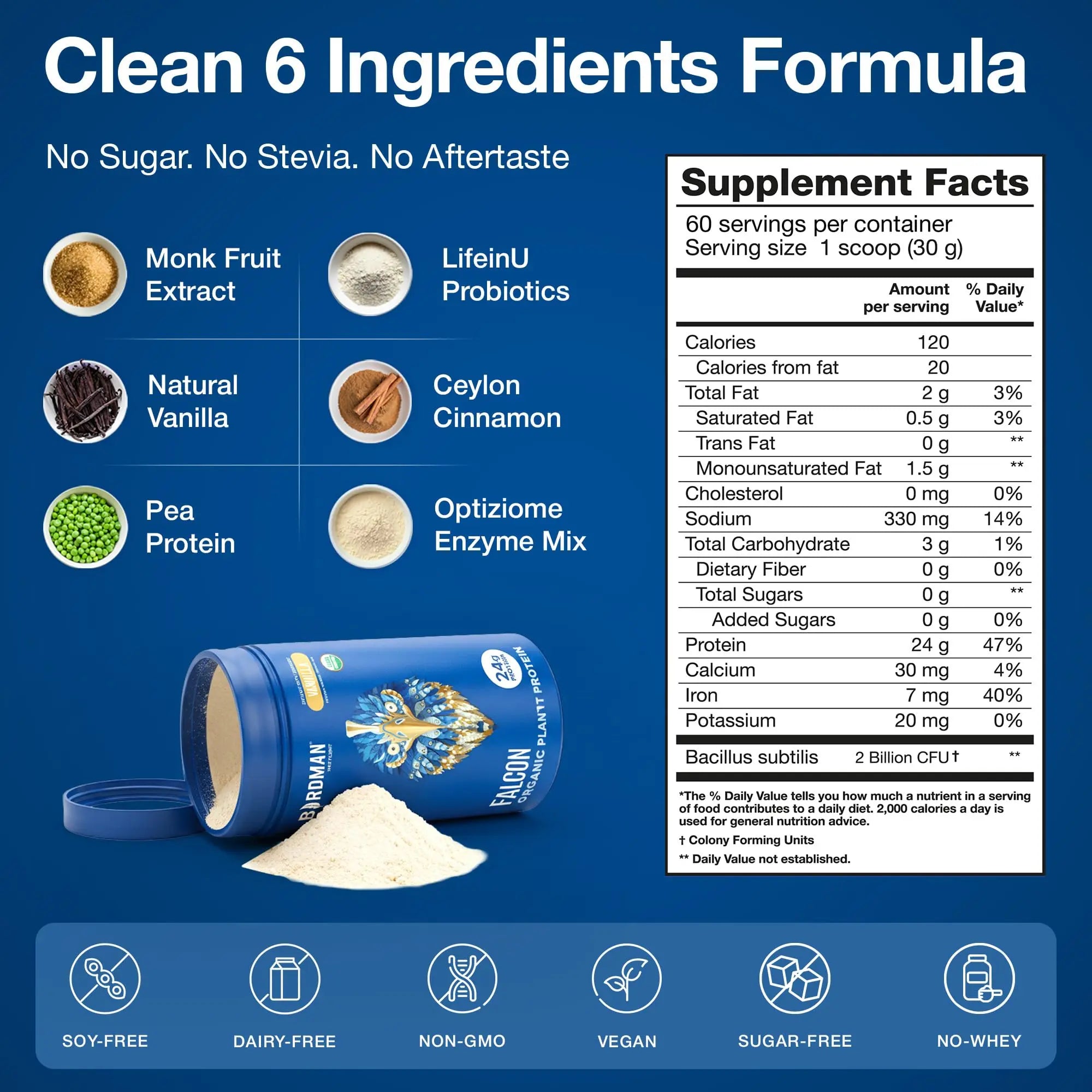 BIRDMAN Falcon Organic Vegan Protein Powder Vanilla, 24g Protein, Sugar Free, Probiotics, Low Carb, Keto Friendly, Dairy Free, Lactose Free, Non Whey BIRDMAN uk supplements