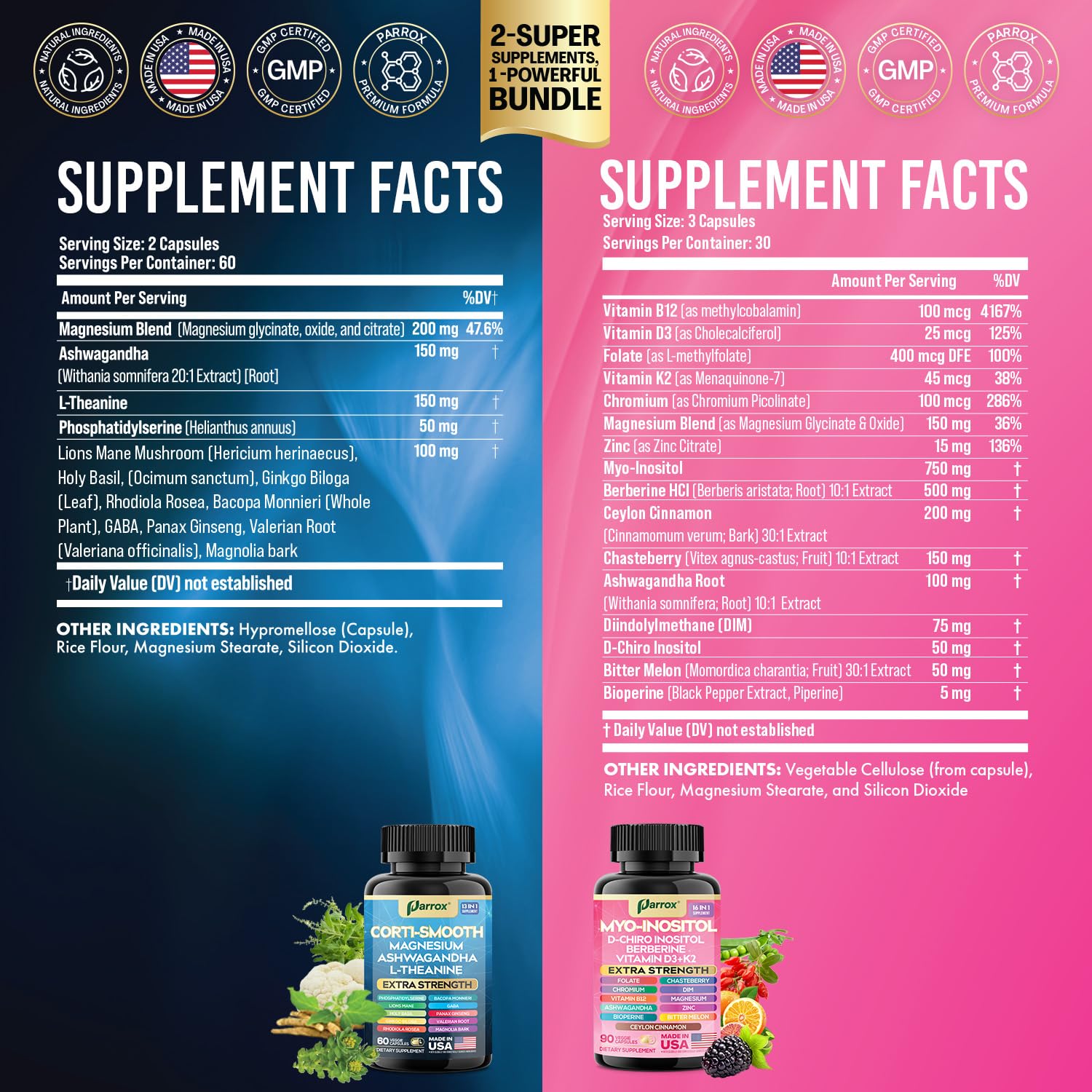 Parrox Cortisol & Myo-Inositol Supplement Bundle, Soothe & Smooth Bundle, 13-in-1 Cortisol Balance, Magnesium, Ashwagandha, L-Theanine, D-Chiro Inositol, Folate, Berberine, Chasteberry (150 Capsules) Parrox uk supplements
