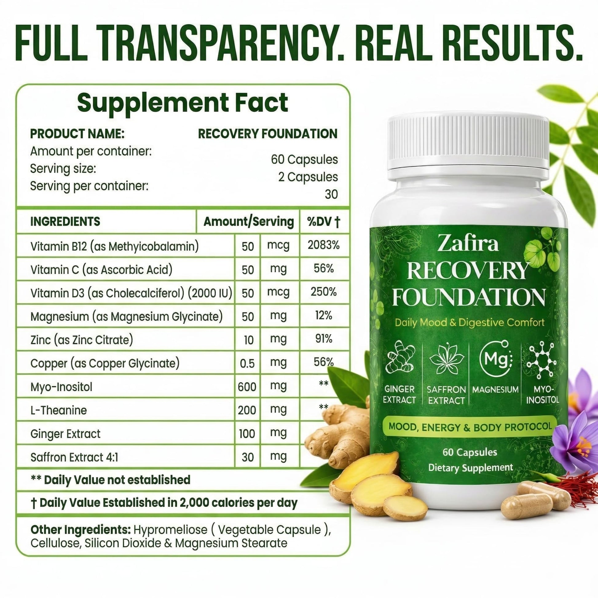 DYDUON Zafira Recovery Foundation Capsules – Mental Clarity, Hair & Mood Support, Natural Herbal Formula with Saffron Extract, Ginger Extract, L-Theanine, Myo-Inositol, Non-GMO, 60 Capsules DYDUON uk supplements