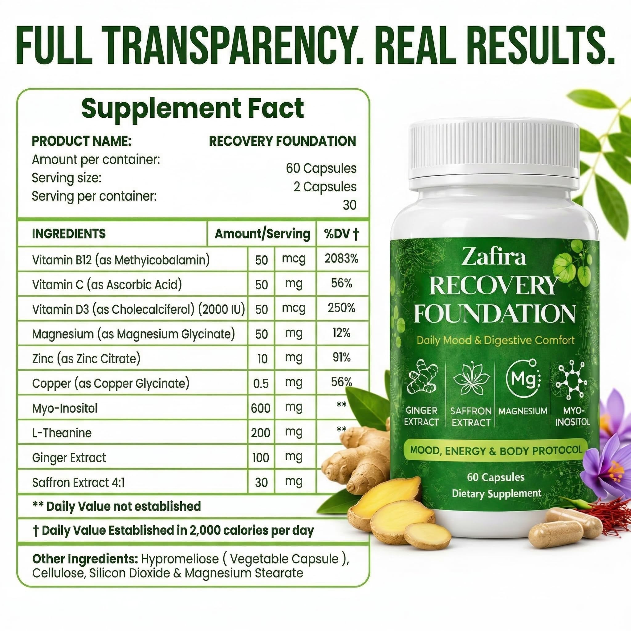 DYDUON Zafira Recovery Foundation Capsules – Mental Clarity, Hair & Mood Support, Natural Herbal Formula with Saffron Extract, Ginger Extract, L-Theanine, Myo-Inositol, Non-GMO, 60 Capsules DYDUON uk supplements