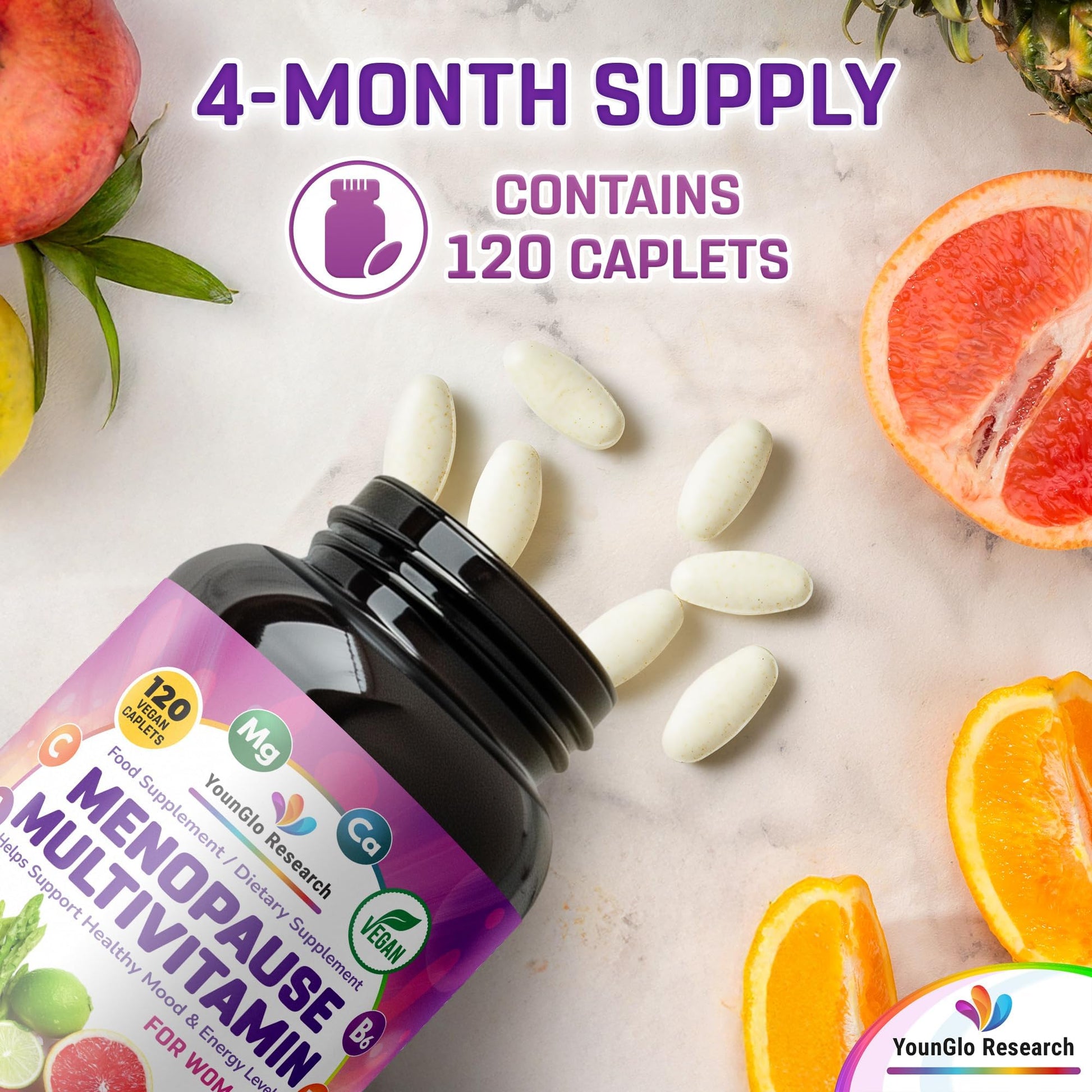 YounGlo Research Menopause Supplement - 120 Vegan Caplets - Menopause & Perimenopause Relief Support - Food and Dietary Vitamins - Multivitamin for Women YounGlo Research uk supplements