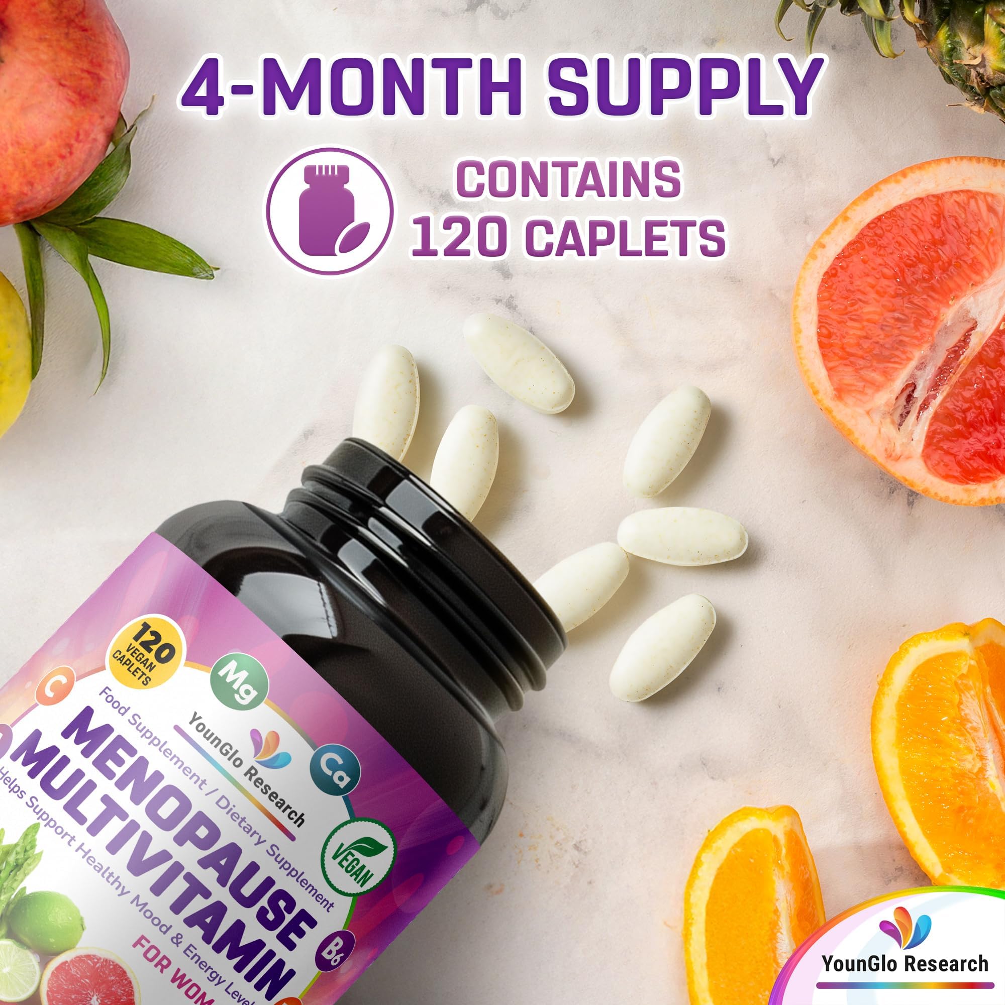 YounGlo Research Menopause Supplement - 120 Vegan Caplets - Menopause & Perimenopause Relief Support - Food and Dietary Vitamins - Multivitamin for Women YounGlo Research uk supplements