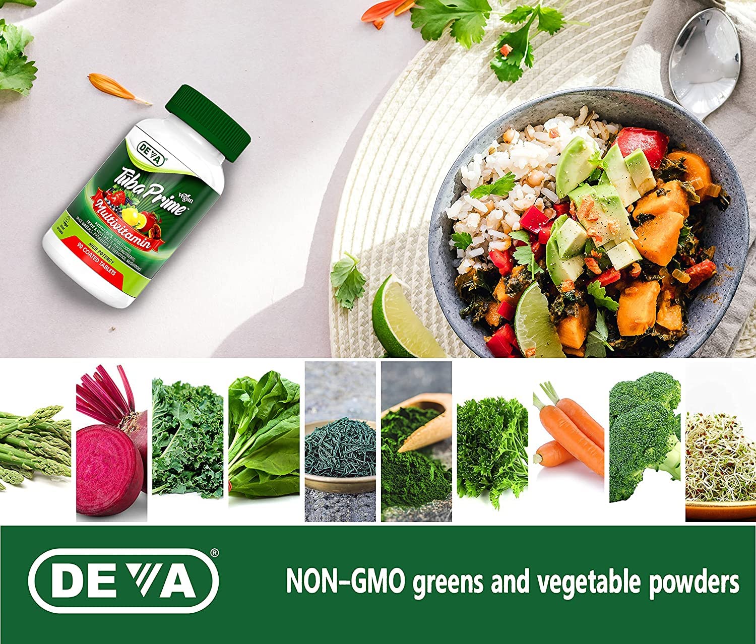 DEVA Tuba Prime Vegan Multivitamin Iron-Free High-Potency Vitamin & Mineral Dietary Supplement Antioxidants, Fruit & Veg Blend, Super Mushrooms, Probiotics, Prebiotics, Seeds, Herbs 90 Tabs 2-Pack DEVA uk supplements
