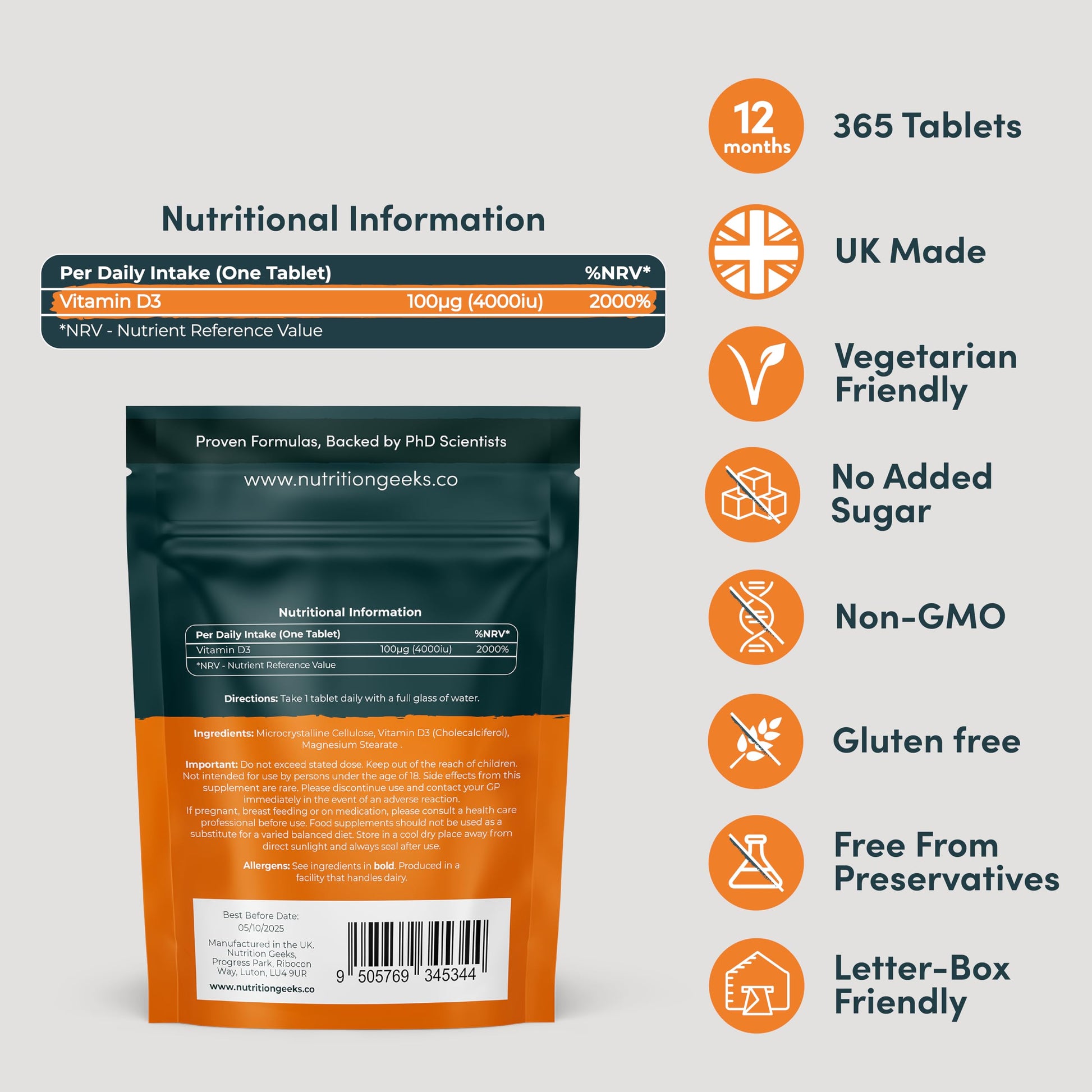 Vegetarian Vitamin D3 4000 iu - 1 Year Supply, 365 Easy-Swallow High Strength Vitamin Nutrition Geeks uk supplements