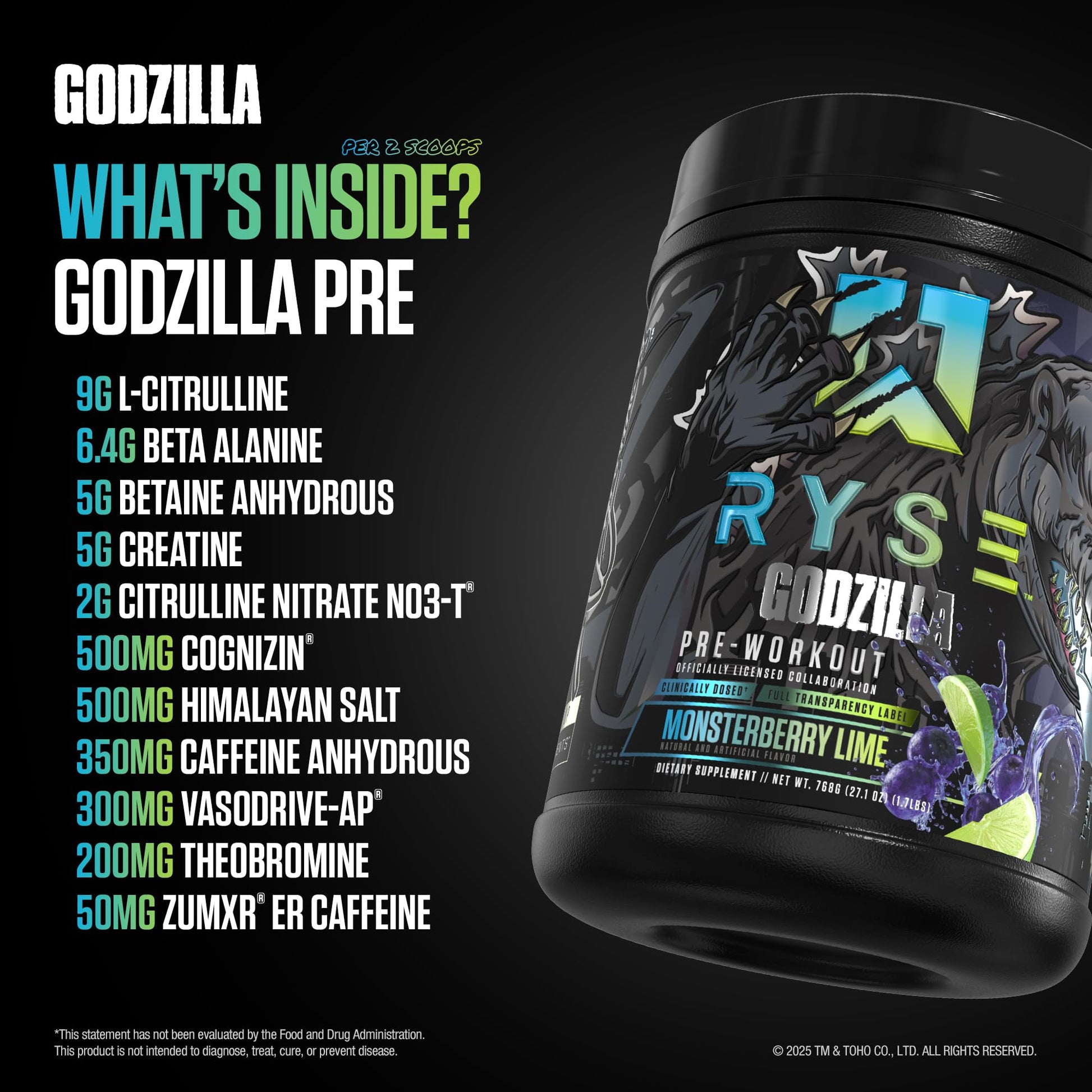 RYSE Godzilla X Noel Deyzel Pre Workout Powder - Monsterberry Lime - 400mg Caffeine, High Stim Pre-Workout for Men & Women with Citrulline & Beta Alanine - Energy, Pump & Focus - 20/40 Servings RYSE Up Supplements uk supplements