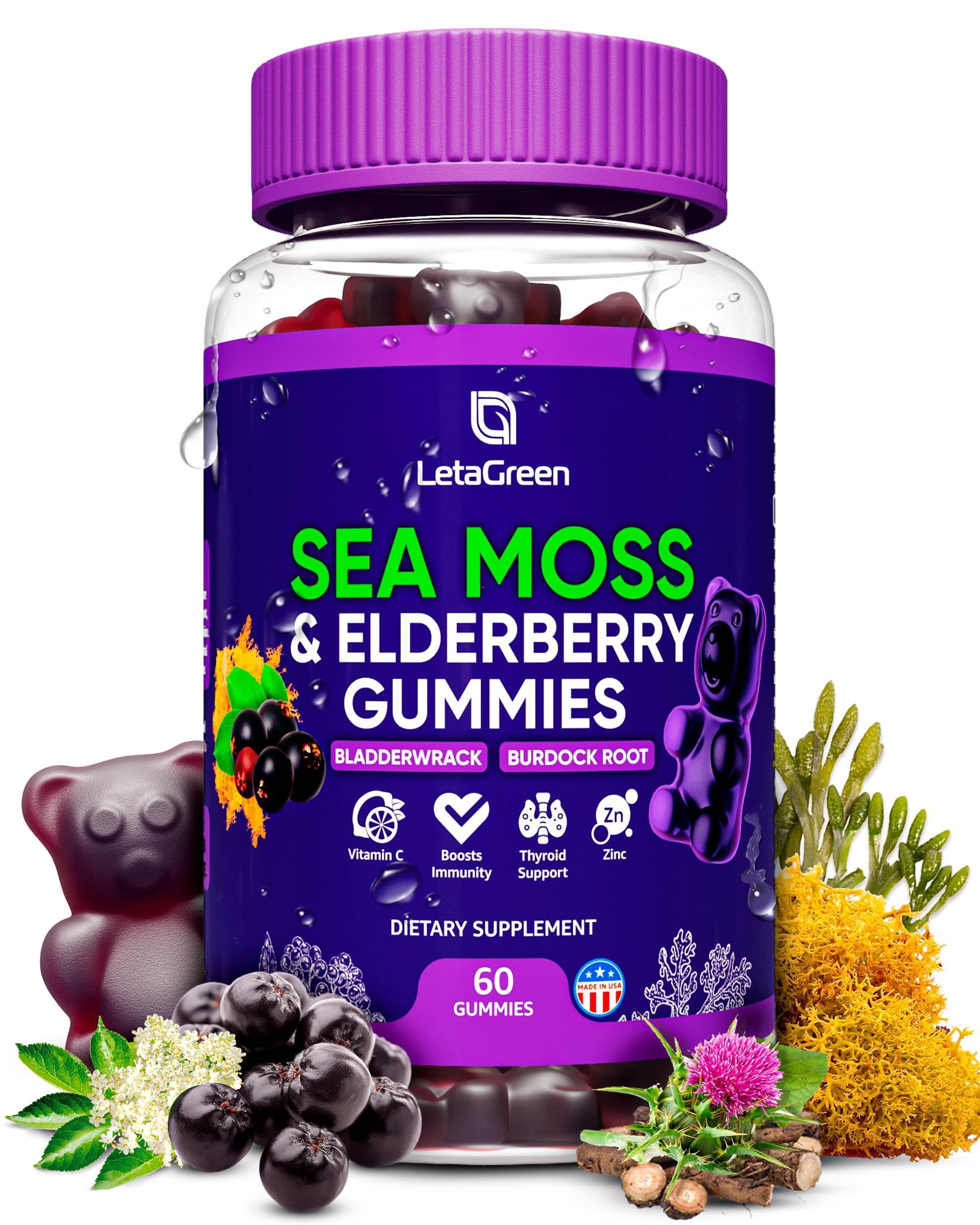 LetaGreen Irish Sea Moss Gummies - 60 Vegan Seamoss Gummies Bears LetaGreen uk supplements
