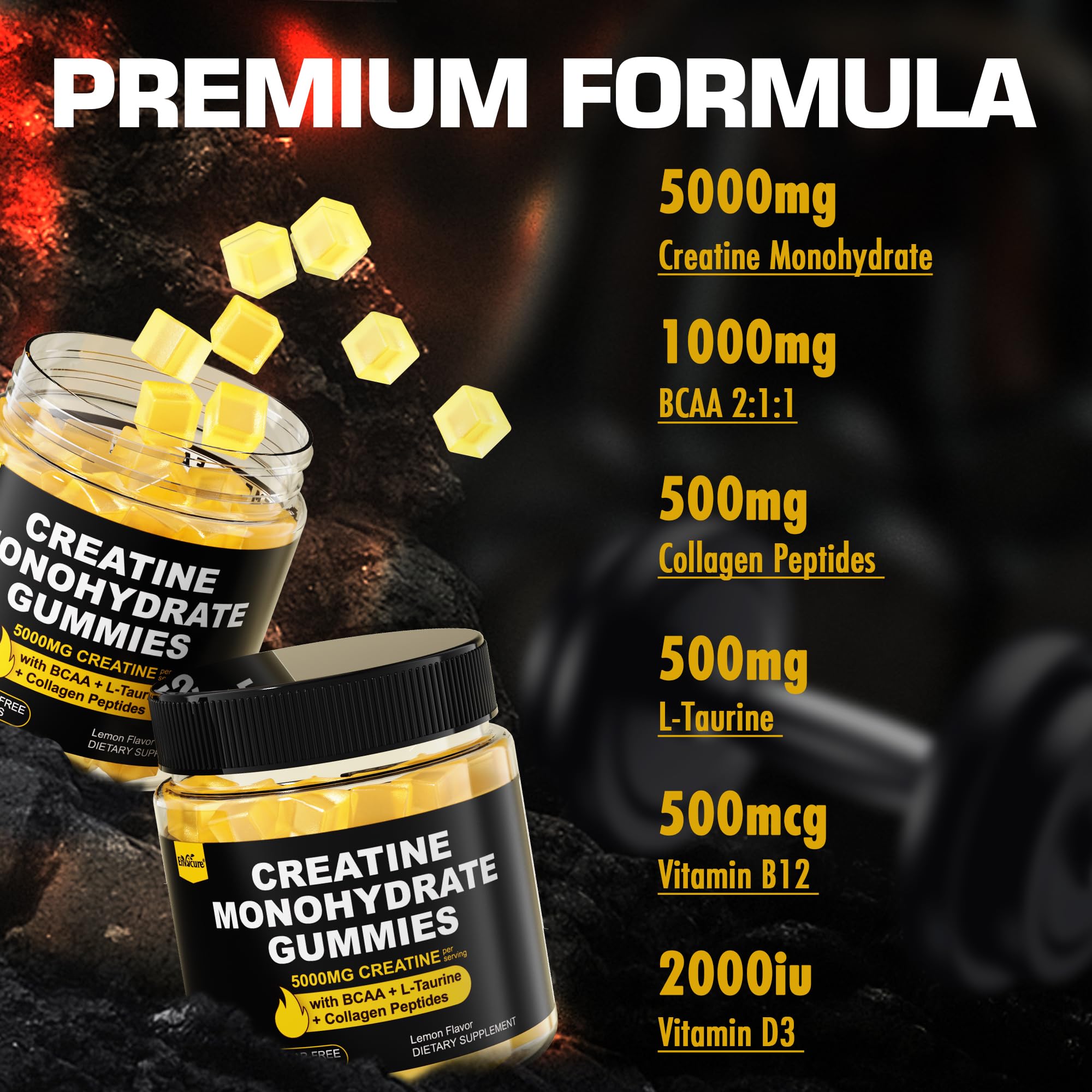 Creatine Monohydrate Gummies for Men & Women - with BCAA, Collagen Peptides, L-Taurine, Vitamin B12, D3, Chewables Creatine Monohydrate 5g Per Serving, Natural Lemon Flavor, Sugar Free, 2 Pack EnvyCure uk supplements
