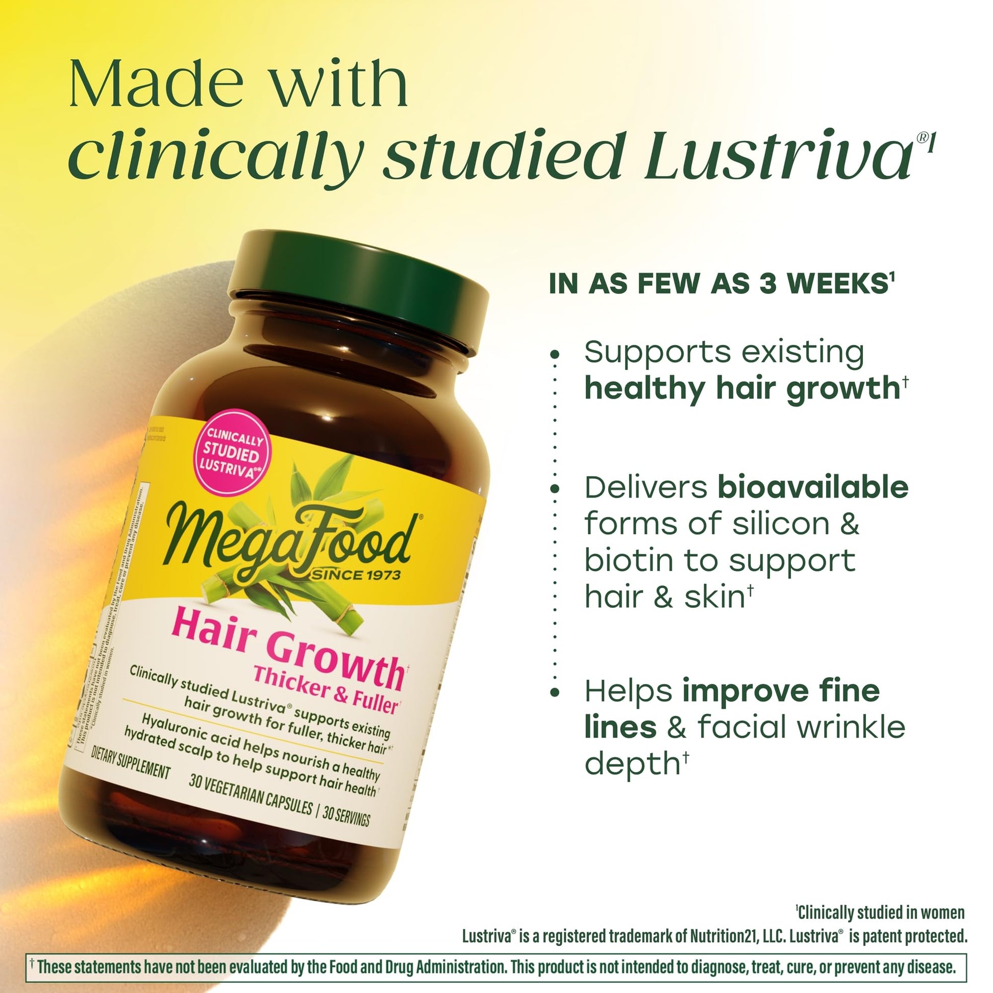 MegaFood Hair Growth – Clinically Studied Lustriva & Hyaluronic Acid - Biotin 10000mcg, Thicker & Fuller Existing Hair Growth Vitamins - 30 Vegetarian Capsules, 30 Servings MegaFood uk supplements