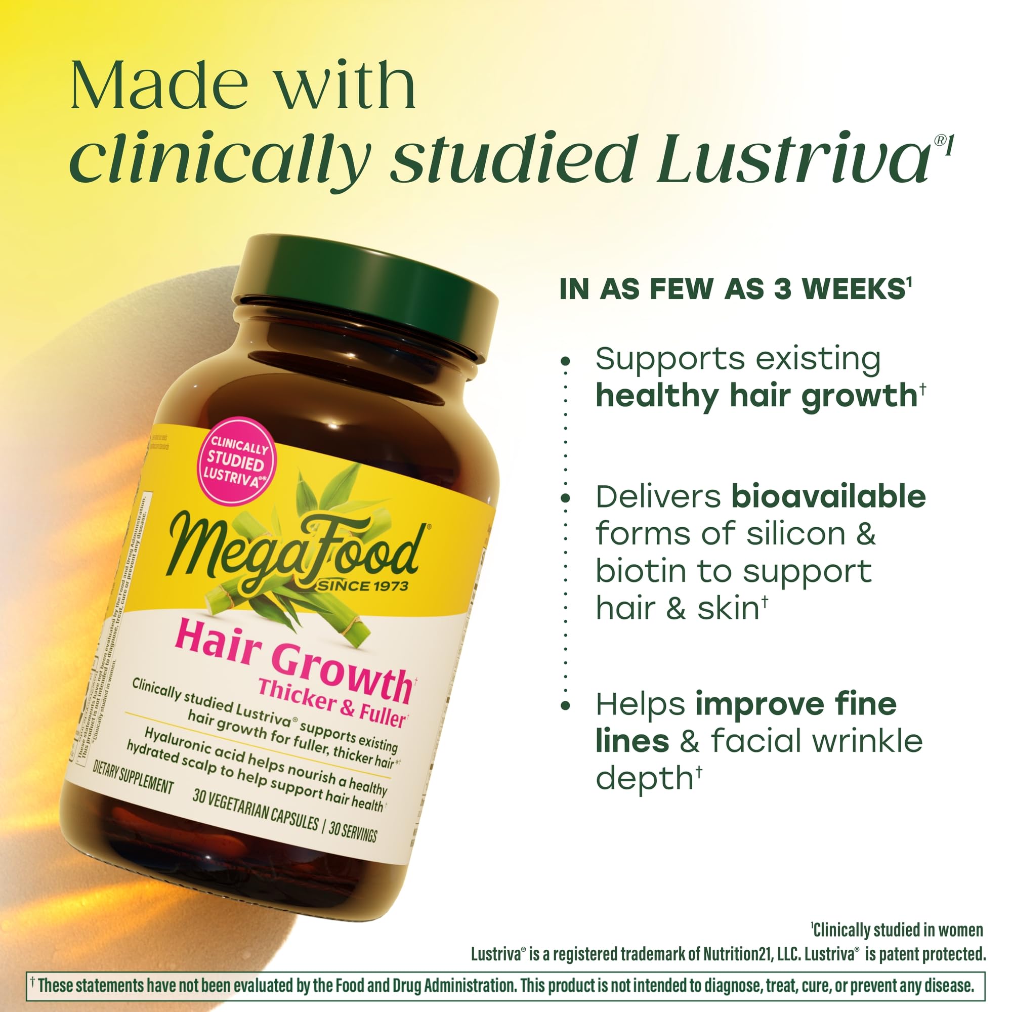 MegaFood Hair Growth – Clinically Studied Lustriva & Hyaluronic Acid - Biotin 10000mcg, Thicker & Fuller Existing Hair Growth Vitamins - 30 Vegetarian Capsules, 30 Servings MegaFood uk supplements