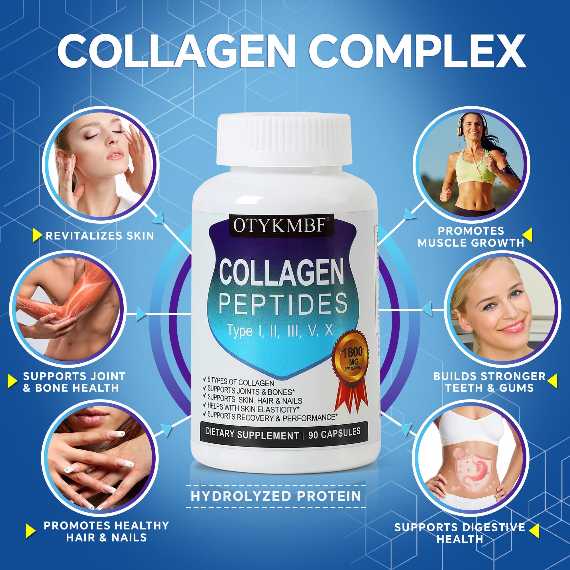 OTYKMBF Multi Collagen Peptides Pills 1800mg, Type I, II, III, V, X - Hydrolyzed Premium Collagen Complex Supports Skin, Joints, Hair & Nails, Hydrolyzed Protein for Women Men, 90 Capsules OTYKMBF uk supplements