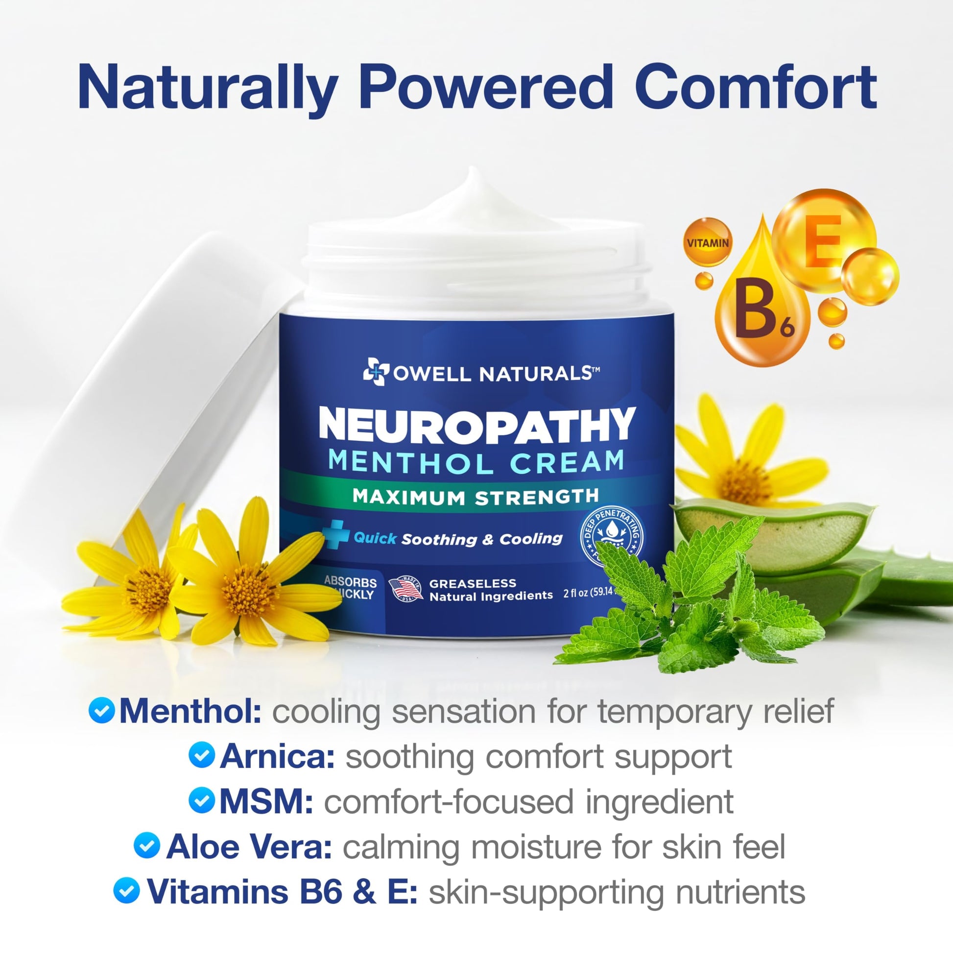 Owell Naturals Neuropathy Cream Extra Strength – Fast Absorbing Cooling for Leg, Feet & Hands – Advanced Soothing Formula with Aloe Vera, Arnica, MSM & Vitamin B6 – Made in USA, 2 fl oz Owell Naturals uk supplements