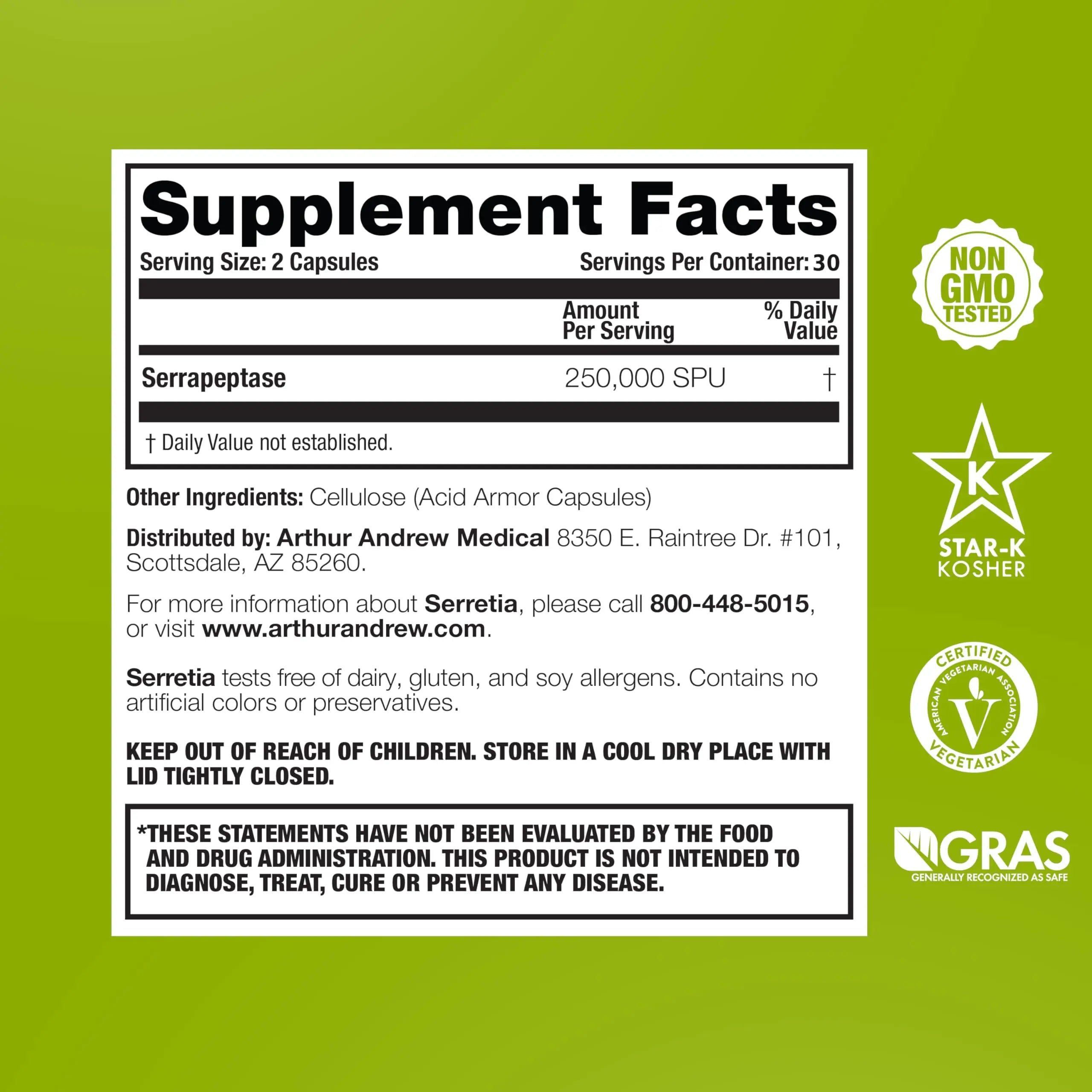 Arthur Andrew Medical, Serretia, Serrapeptase Formula for Muscle and Sinus Support, 60 Capsules Arthur Andrew Medical uk supplements
