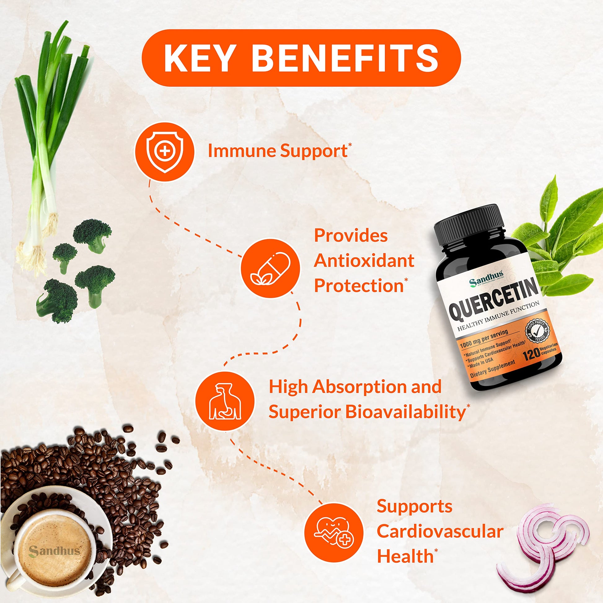 Sandhu's Quercetin 1000mg Per Serving 120 Count Vegetarian Capsules Bioflavonoids Sandhu's uk supplements