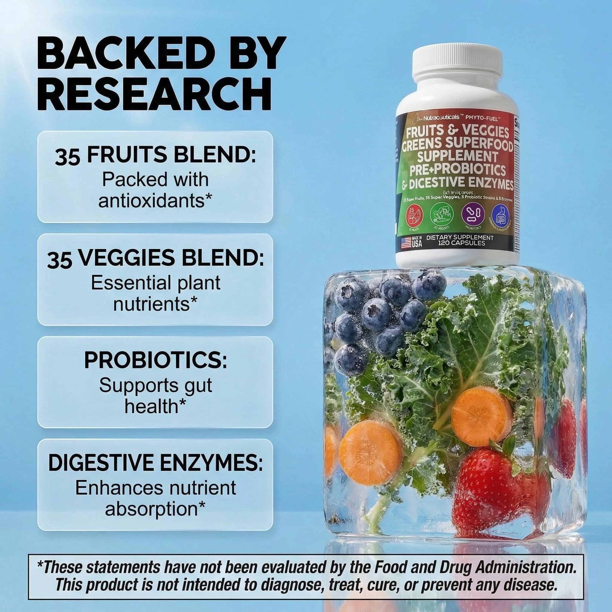 Clean Nutraceuticals Fruits and Veggies Supplement Reds & Green Superfood - Balance of Over 70 Fruit & Vegetable Supplements Capsules with Probiotics Prebiotics Digestive Enzymes - 120 Ct USA Clean Nutraceuticals uk supplements