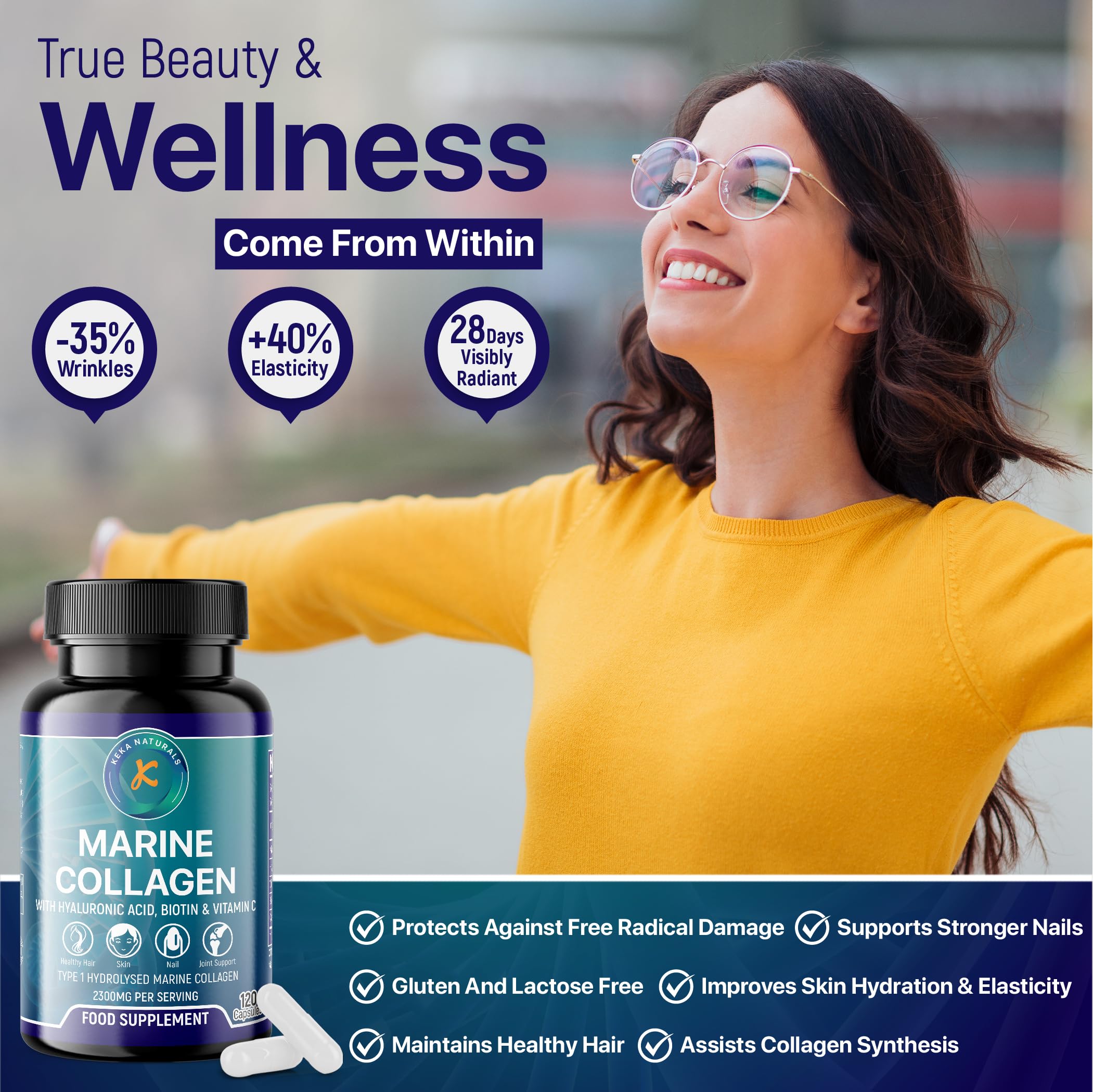 Hydrolysed Marine Collagen Peptides 2300mg - Enhanced with Hyaluronic Acid & Vitamin C Keka Naturals uk supplements