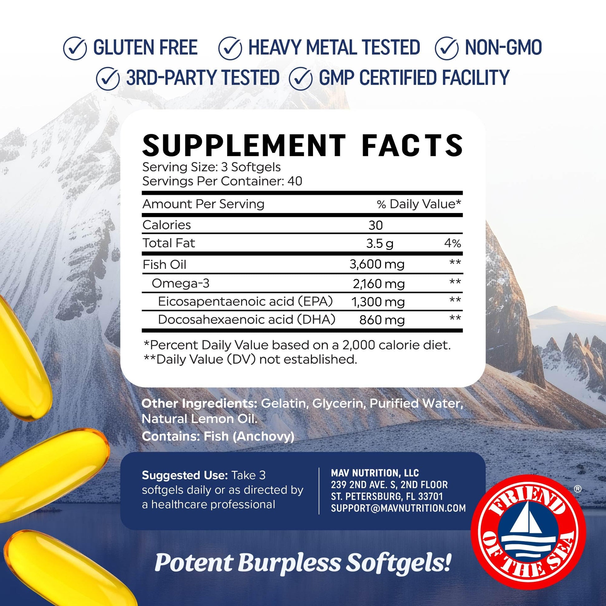 Triple Strength DHA Omega 3 Fish Oil 3600 mg | Over 2100mg Omega-3 Fatty Acids with 860mg of DHA | 1300mg EPA | Best Essential Fatty Acids | Premium Wild Caught & Burpless Fish Oil | 120 ct. MAV NUTRITION uk supplements