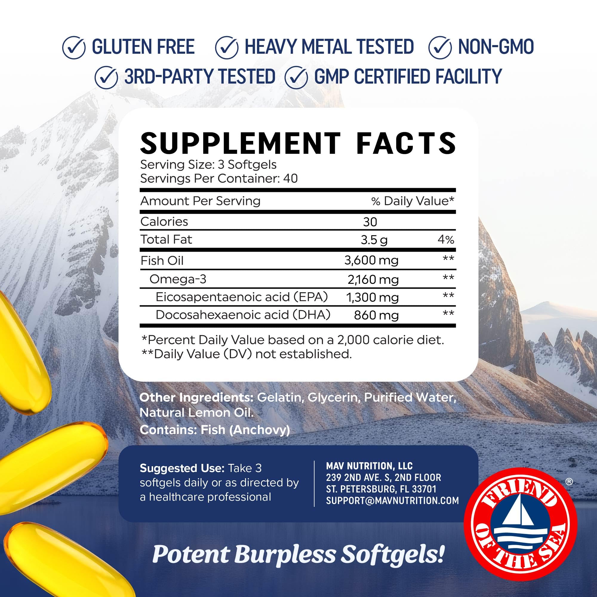 Triple Strength DHA Omega 3 Fish Oil 3600 mg | Over 2100mg Omega-3 Fatty Acids with 860mg of DHA | 1300mg EPA | Best Essential Fatty Acids | Premium Wild Caught & Burpless Fish Oil | 120 ct. MAV NUTRITION uk supplements