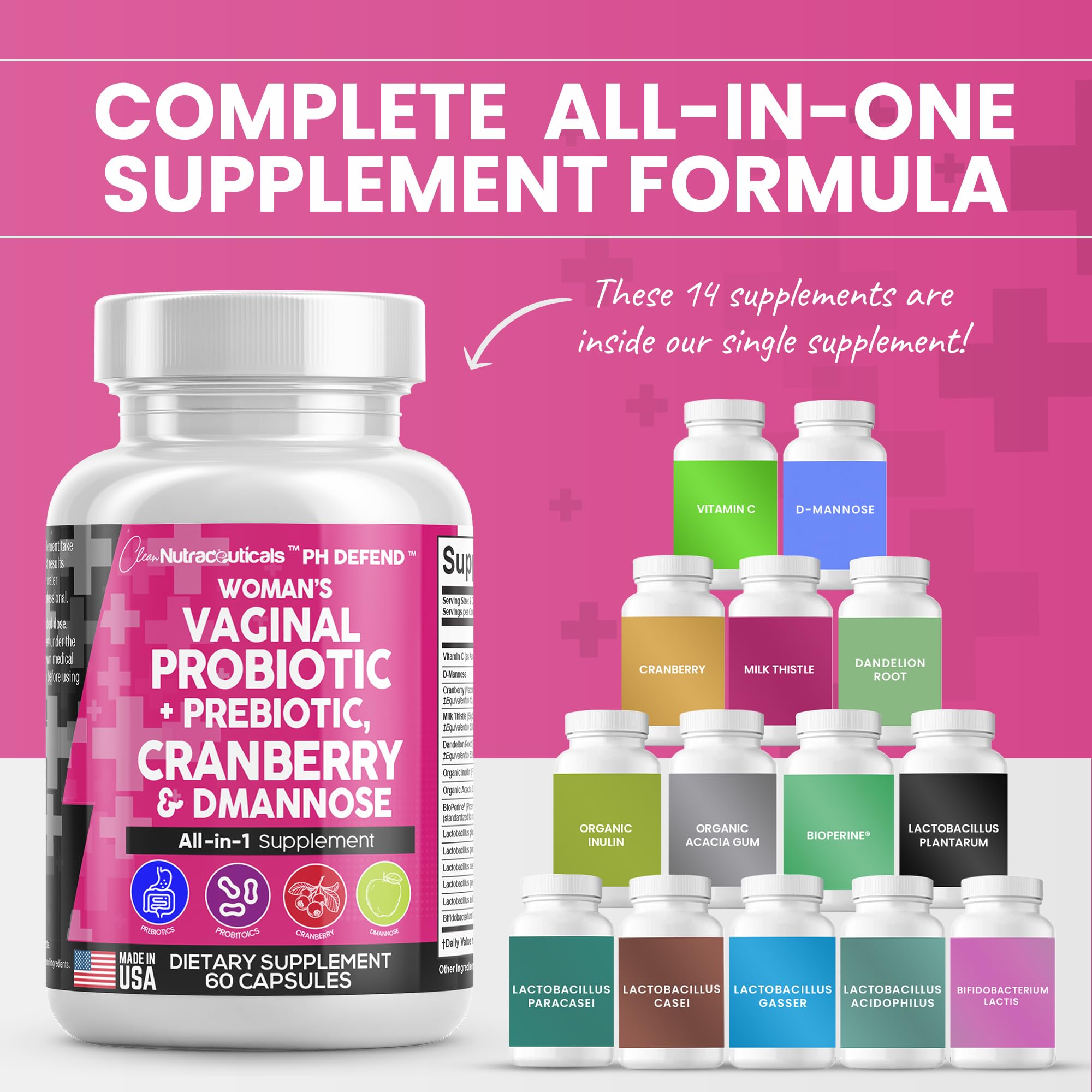 Vaginal Probiotics For Women + Prebiotics 20 Billion Cranberry Pills 30,000mg w/ D-Manno Clean Nutraceuticals uk supplements