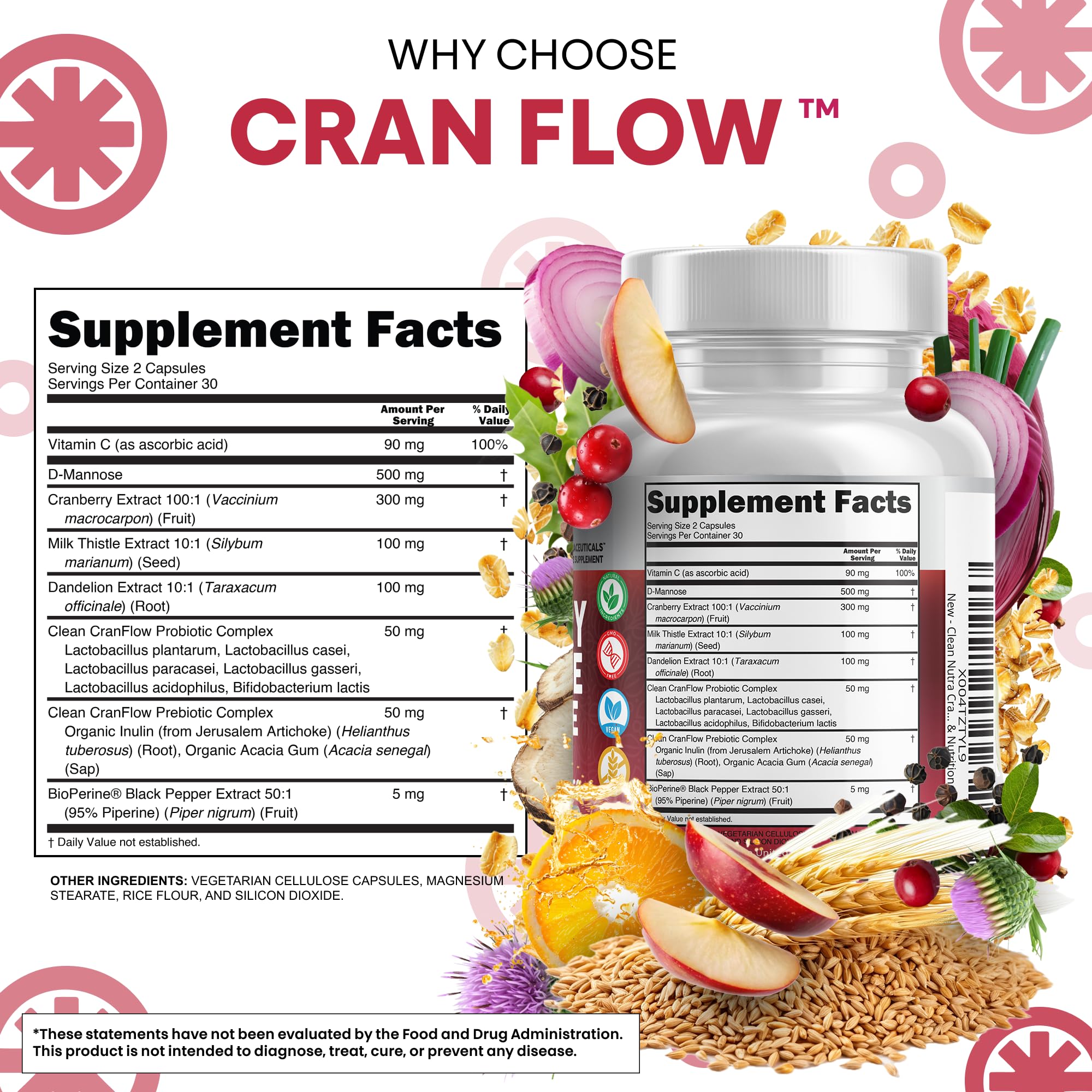 Cran Flow Cranberry Pills for Urinary Health D-Mannose Milk Thistle Dandelion Inulin Vitamin C Prebiotics and Probiotics Bladder Support By Clean Nutra Clean Nutraceuticals uk supplements