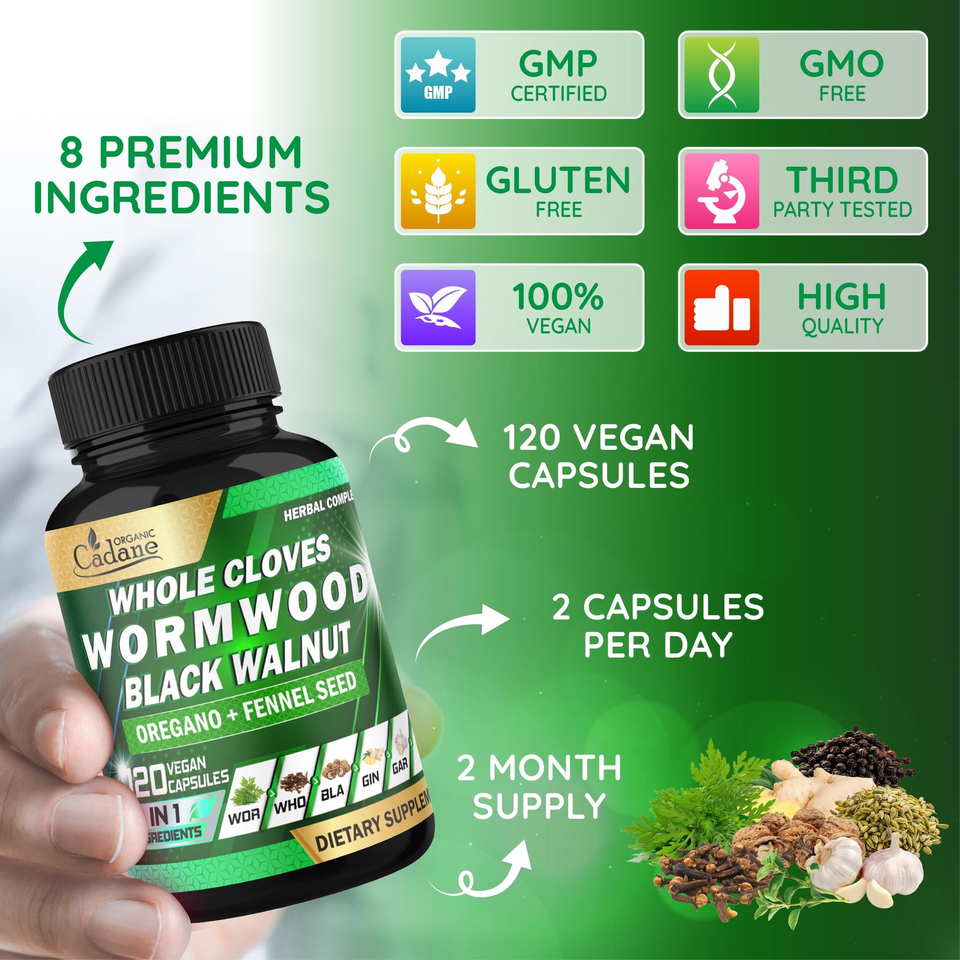 Cadane Wormwood Whole Cloves Black Walnut with Ginger, Garlic, Oregano, Fennel & Black Pepper | Digestive & Wellness Support | 120 Capsules – 60-Day Organic Cadane uk supplements