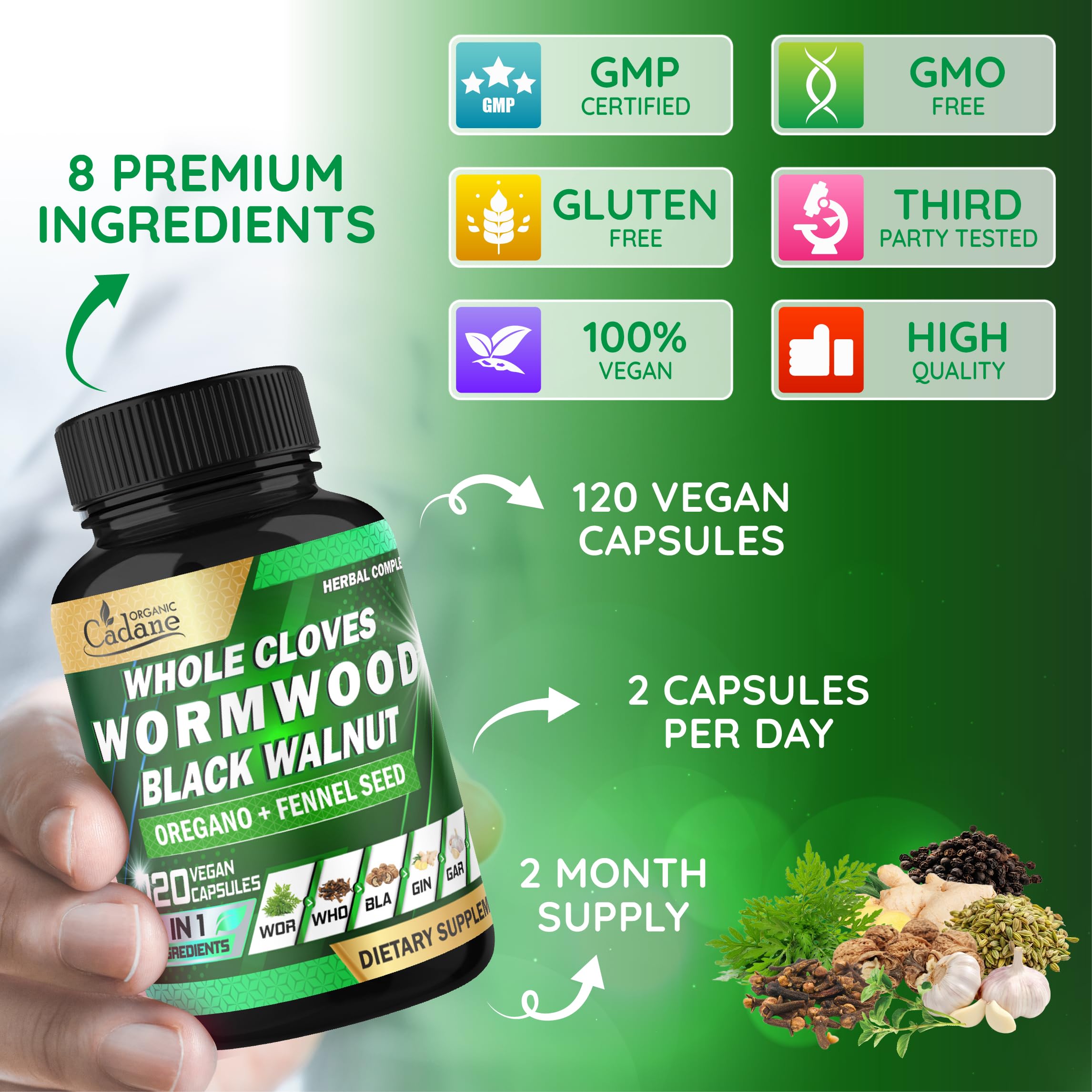 Cadane Wormwood Whole Cloves Black Walnut with Ginger, Garlic, Oregano, Fennel & Black Pepper | Digestive & Wellness Support | 120 Capsules – 60-Day Organic Cadane uk supplements