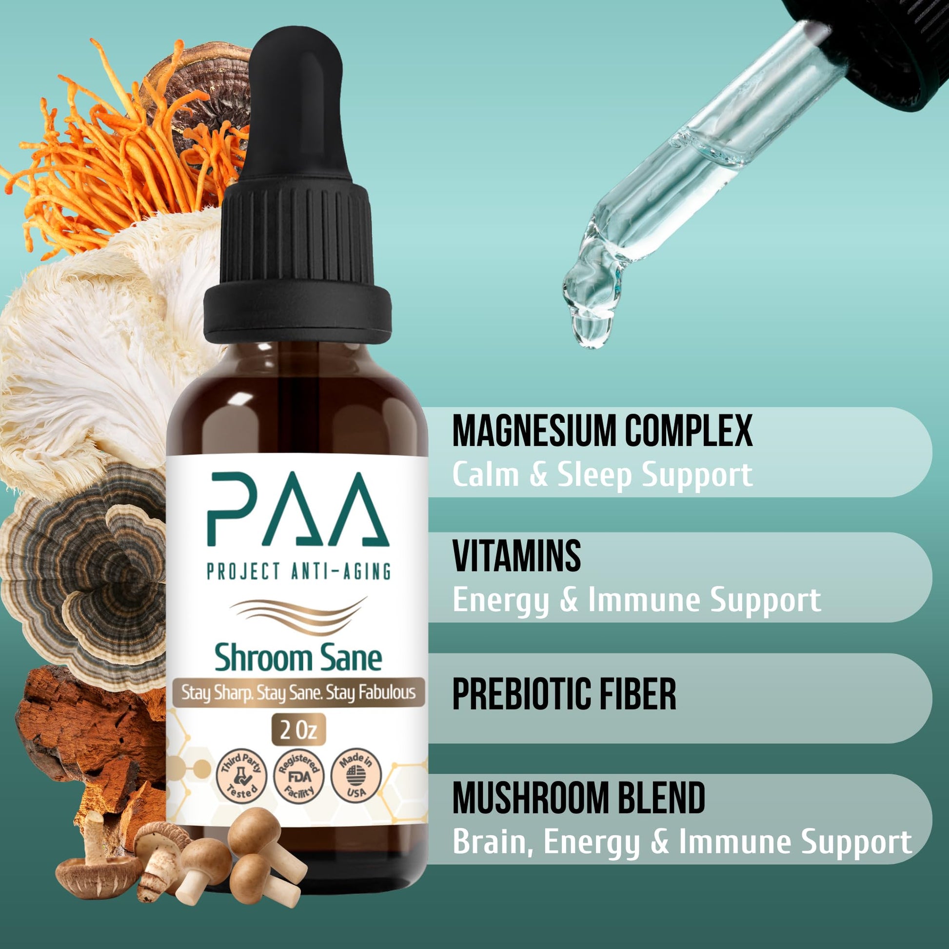 Project Anti-Aging Shroom Sane Liquid Drops with Lion’s Mane Mushroom Supplement Drops – 8 Mushroom Complex Tincture with Reishi, Cordyceps, Turkey Tail & Magnesium – USDA Organic, Vegan, Project Anti-Aging uk supplements