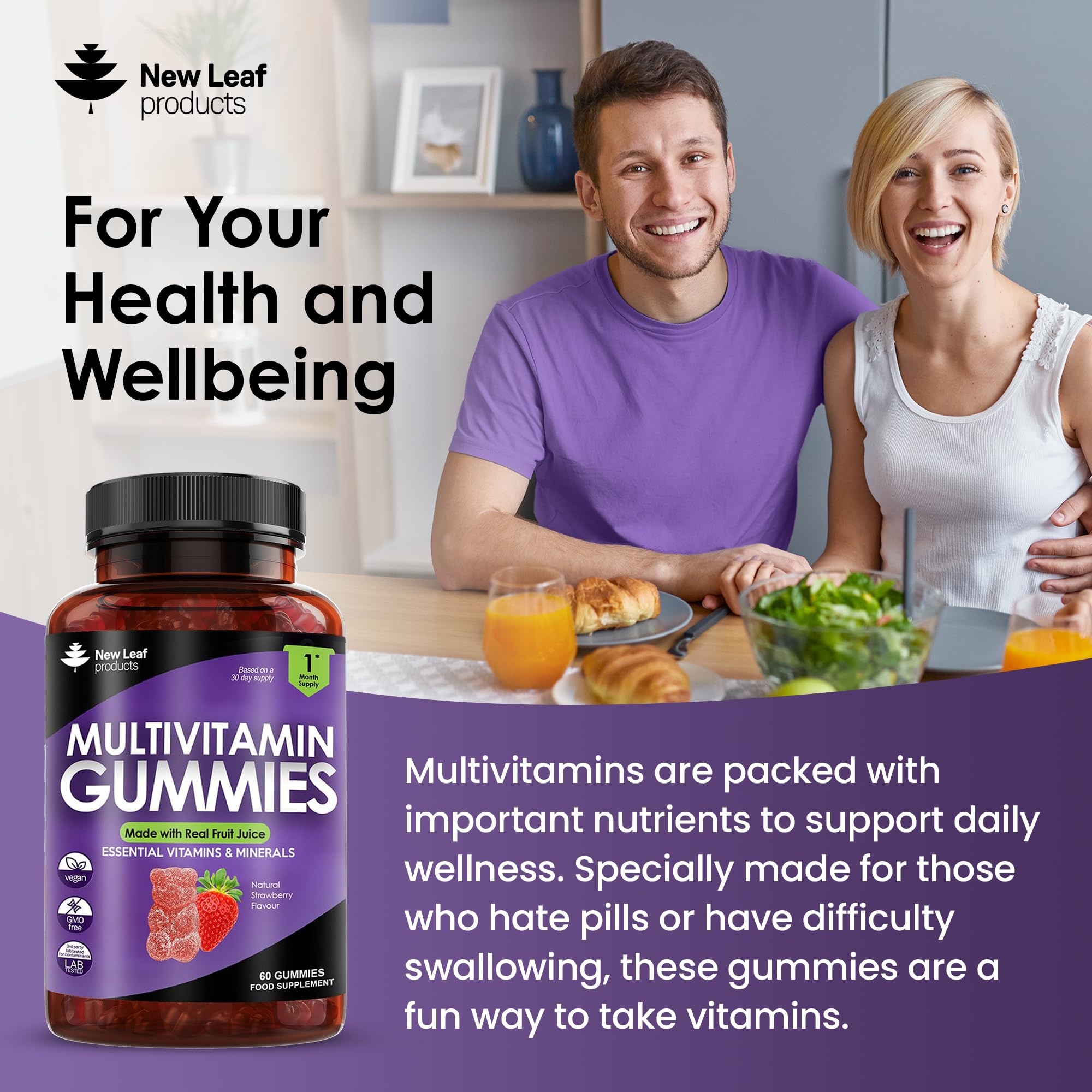 Multivitamin Gummies High Strength for Men Women - Vegetarian +14 Essential Vitamins NEW LEAF PRODUCTS uk supplements